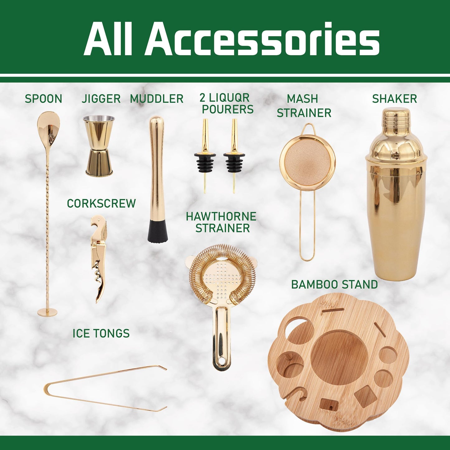JWJIUEJIU Cocktail Shaker Set Bartender Kit with Rotatble Bamboo Stand,11 Piece Bar Set Stainless Steel Bar Accessories for Drink Mixing, Bar, Home, Party (Gold)