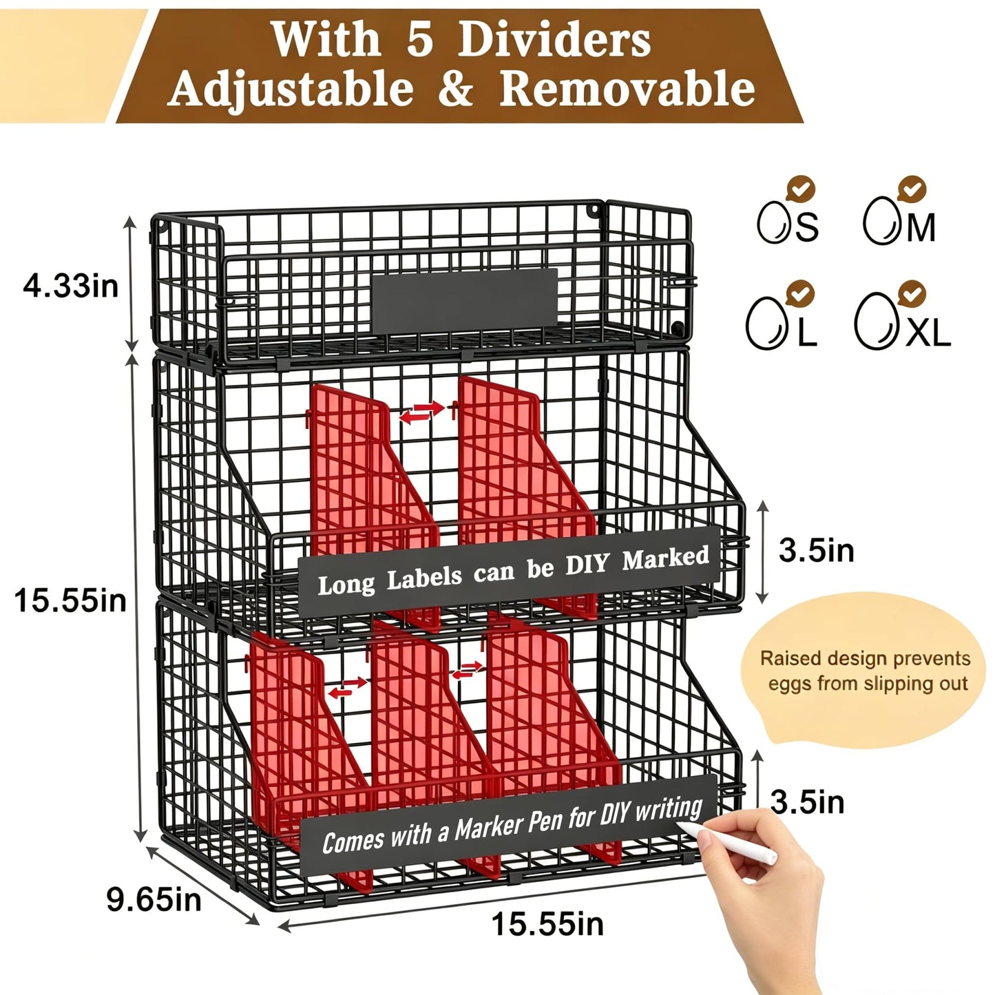 keomaisyto Egg Holder Countertop with 5 Dividers & DIY Nameplate to Separate Eggs, 3 Tier Stackable Wire Storage Baskets for Gathering Fresh Eggs, XXL Large Egg Rack, Wall-Mounted (Patent Pending)