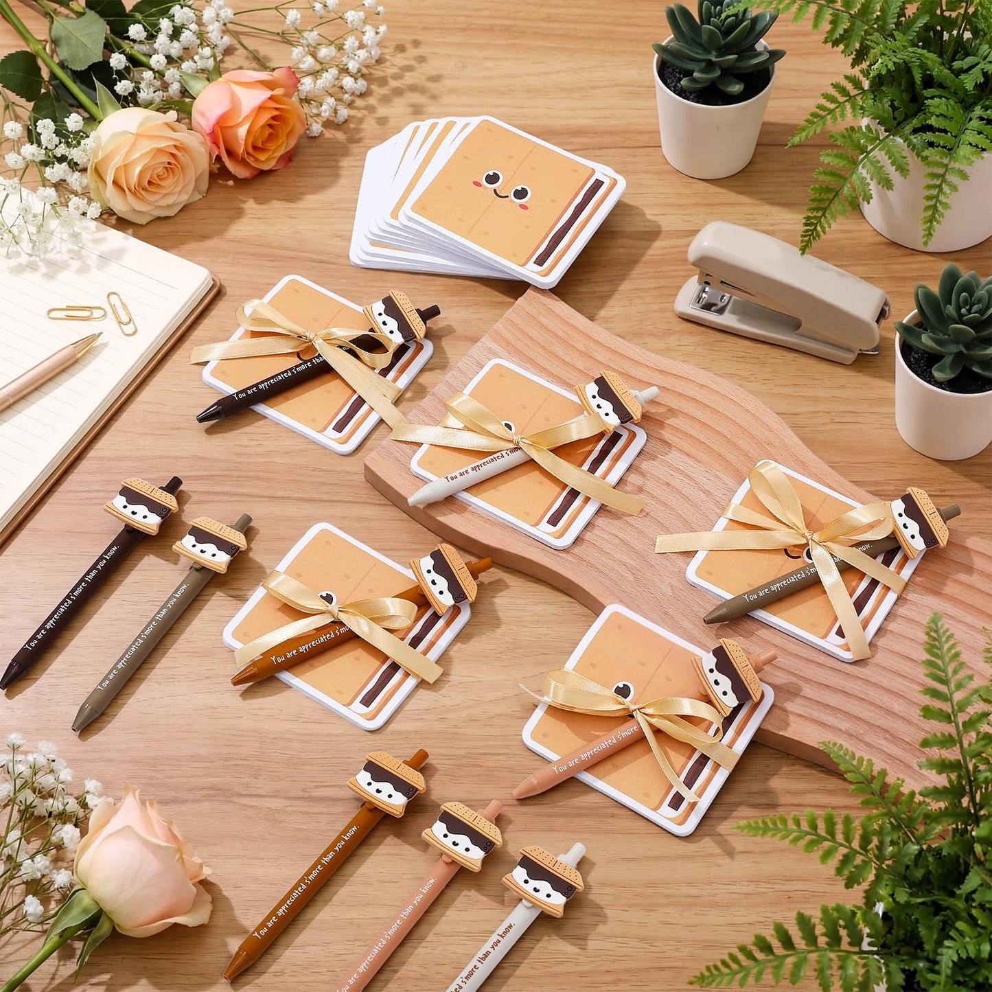 Eaasty 50 Set End of Year Teacher Gift Smore Pen Gifts Bulk Employee Coworker Appreciation Gifts Funny Marshmallow Pens Sticky Notes Thank You Note Pads for Graduation Team Office Supplies
