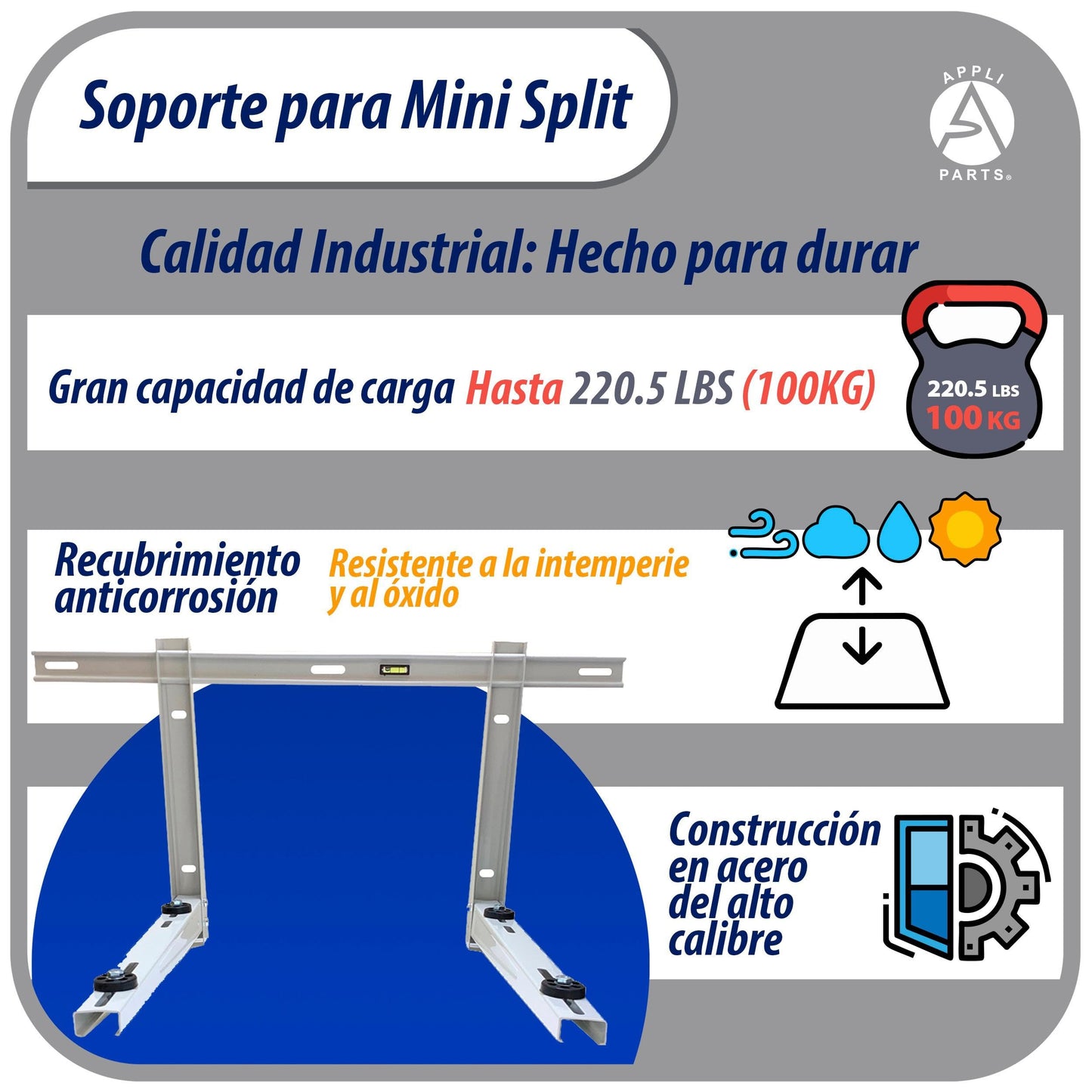 Appli Parts APAB-3160 Mini Split Wall Mounting Bracket, Heavy Duty Outdoor Support Up to 352 lbs. Fit 5000 to 36000 BTU Units, Includes Level Cross Bar, Anti Vibration Pads and Full Installation Kit