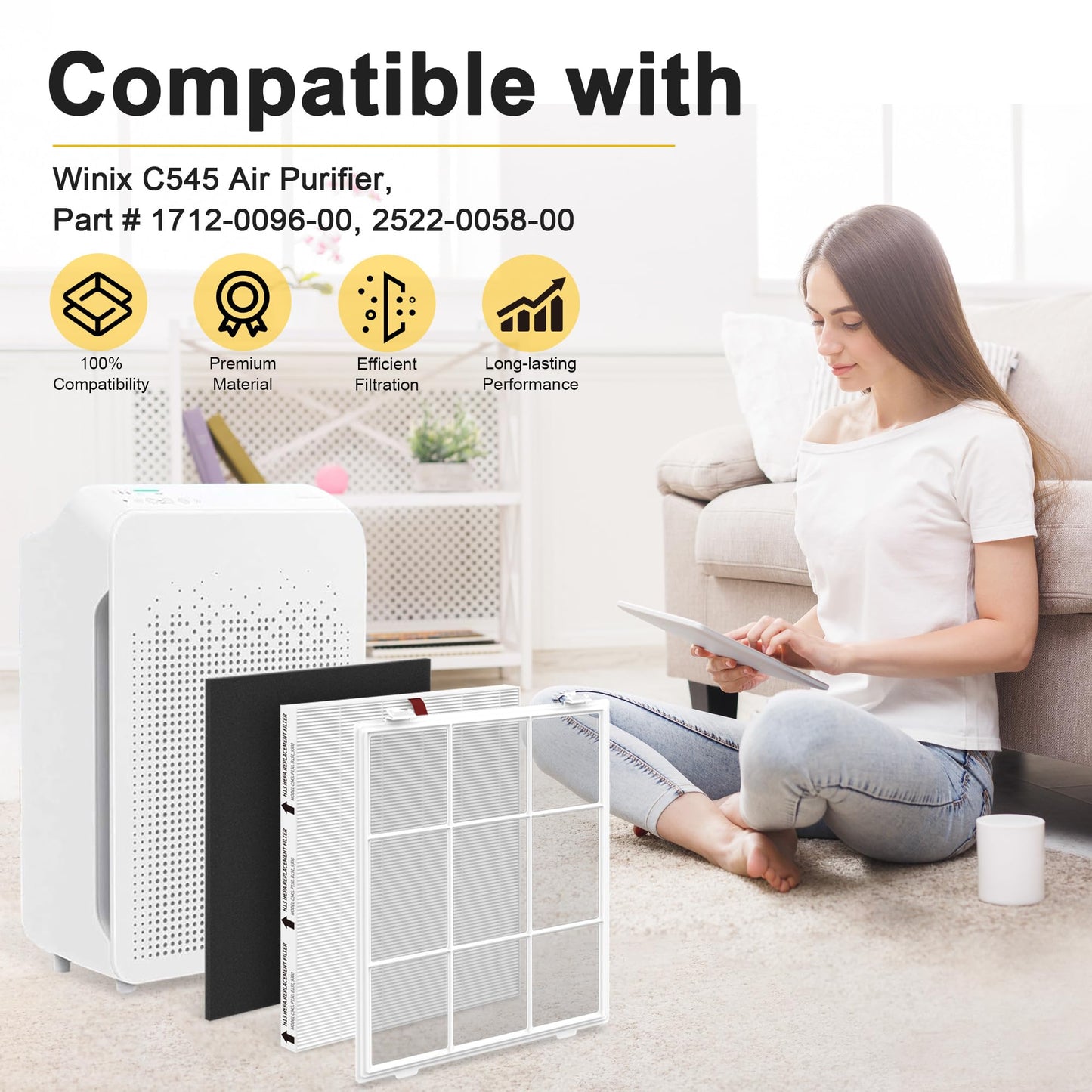 C545 HEPA Replacement Filters S Compatible with Winix C545, Replacement for Winix S Filter Part 1712-0096-00 and 2522-0058-00, 4 True HEPA Filter + 4 Activated Carbon Pre-Filter