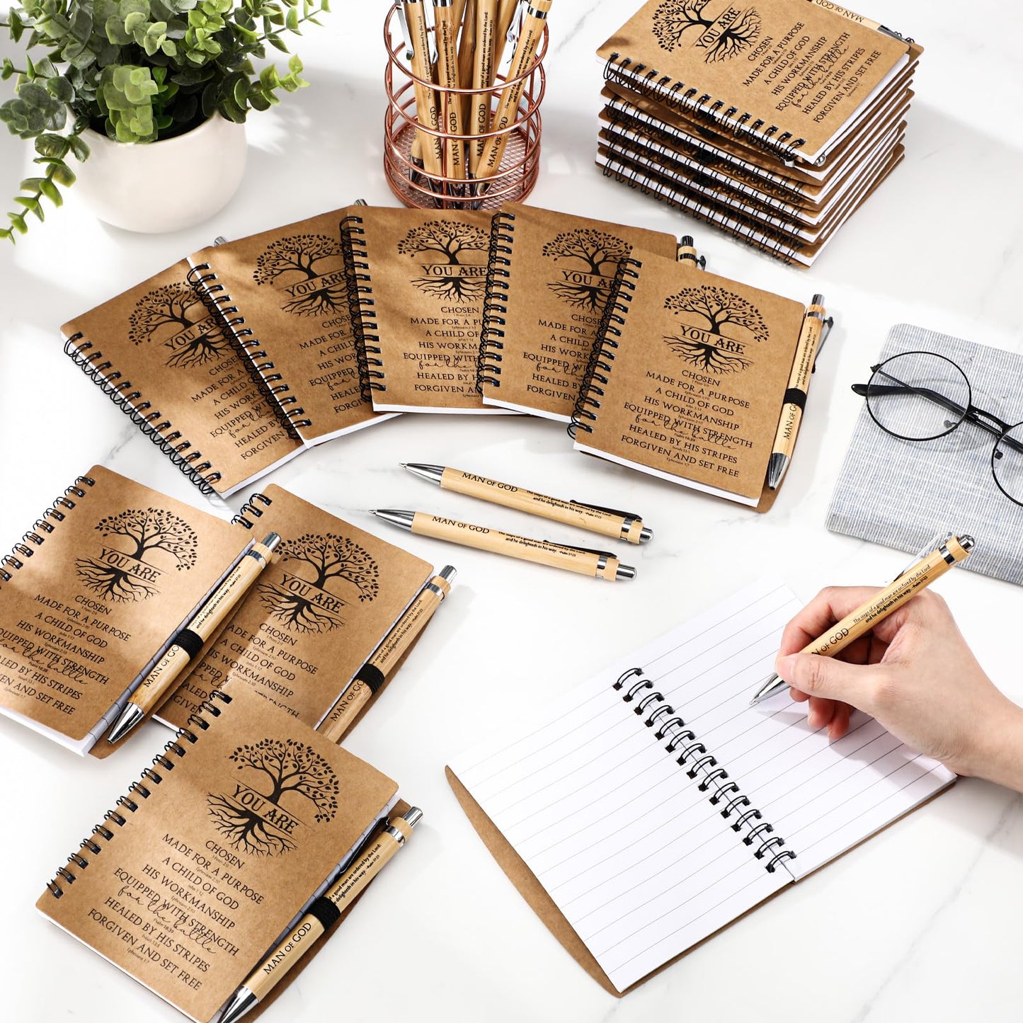 Sayglossy 50 Sets Man of God Gifts for Men Christian Fathers Day Spiral Kraft Notebooks and Bamboo Pens Bible Study Supplies Religious Gifts for Church Office Employee Coworker
