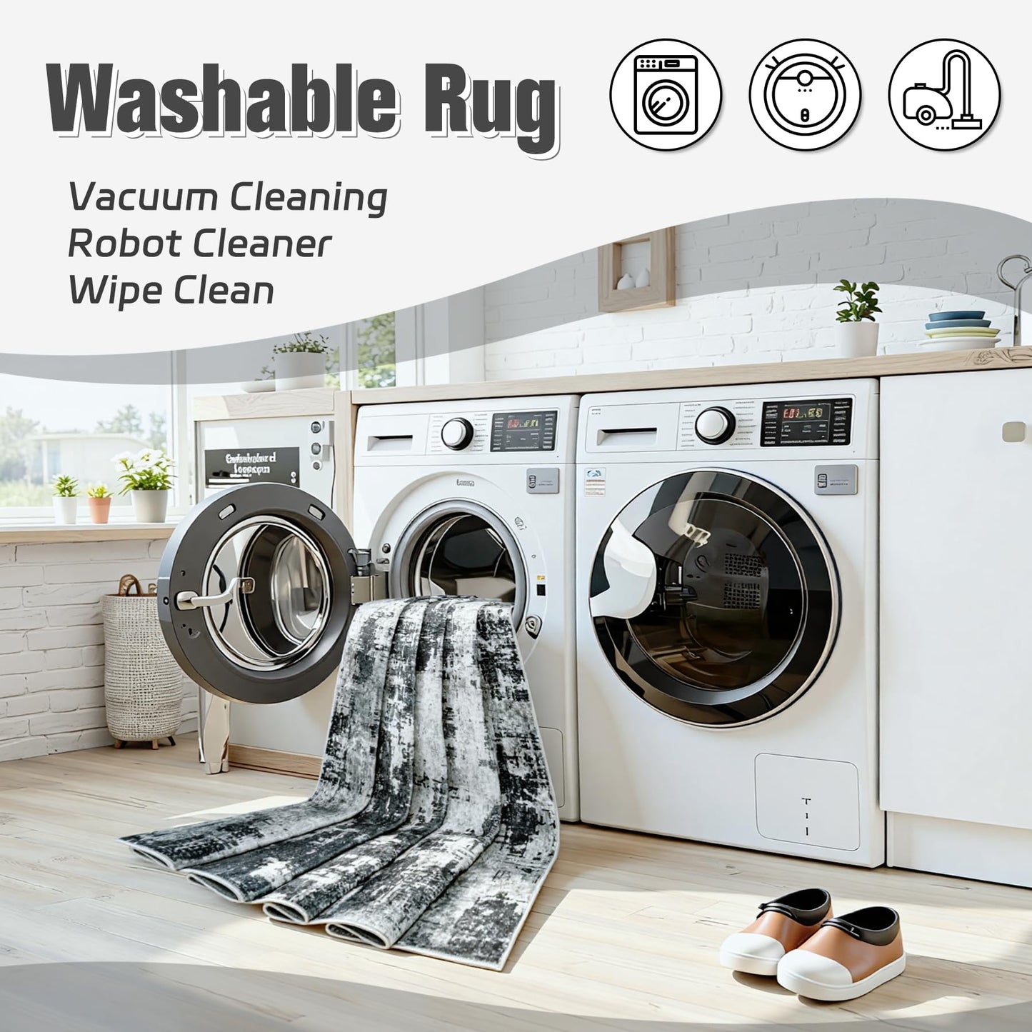 5x7 Area Rugs for Living Room Washable: Abstract Soft Thin Low Pile Black Rug, Indoor Floor Non Slip Stain Resistant Modern Carpet for Bedroom Nursery Farmhouse Dining Room Home Office (Black, 5'x7')