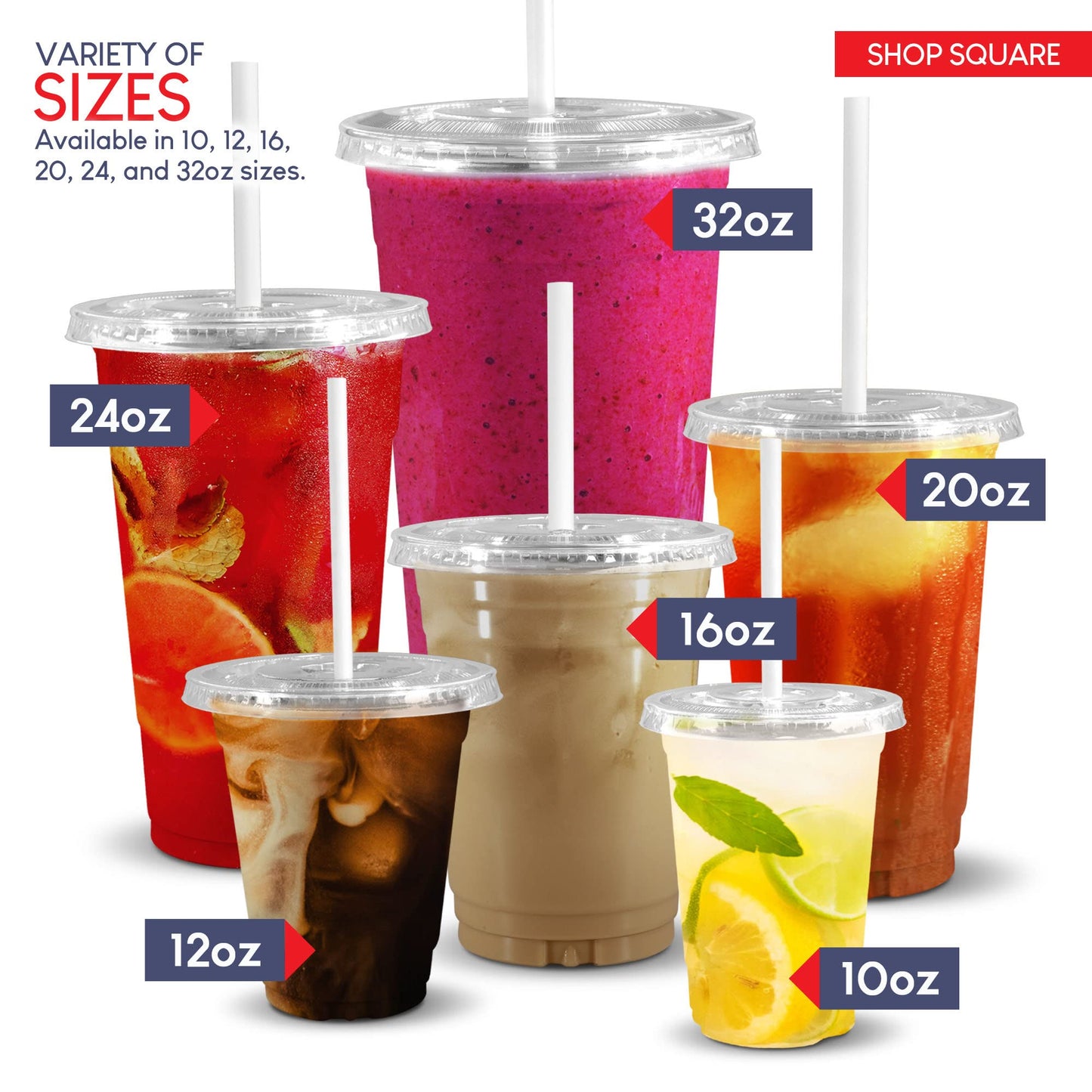 Shop Square 32 oz Plastic Cups with Lids (50 Pack) - Disposable Clear Cups for Iced Coffee, Boba, Milk Tea, Smoothies, and Fruit Shakes for Parties, Cafes, Restaurants