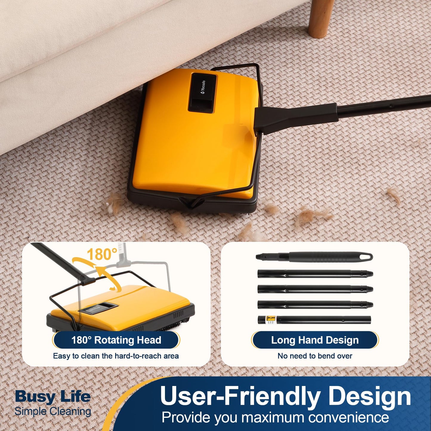 Yocada Manual Carpet Sweeper Cleaner Household Sweeper Hand Push Non-Electric Lightweight for Low&Undercoat Carpets Rugs Home Office Pet Hair Dust Scraps Paper Small Rubbish Cleaning 1*Extra Brush