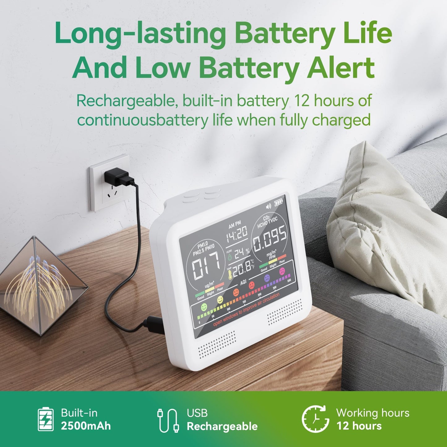 16 in 1 Air Quality Monitor Indoor with 7AQI & Alerts, Air Quality Meter for CO2, TVOC, PM1.0 PM2.5 PM10, HCHO, Temperature Humidity | AQI & Time | Air Detector for Home Office (White)