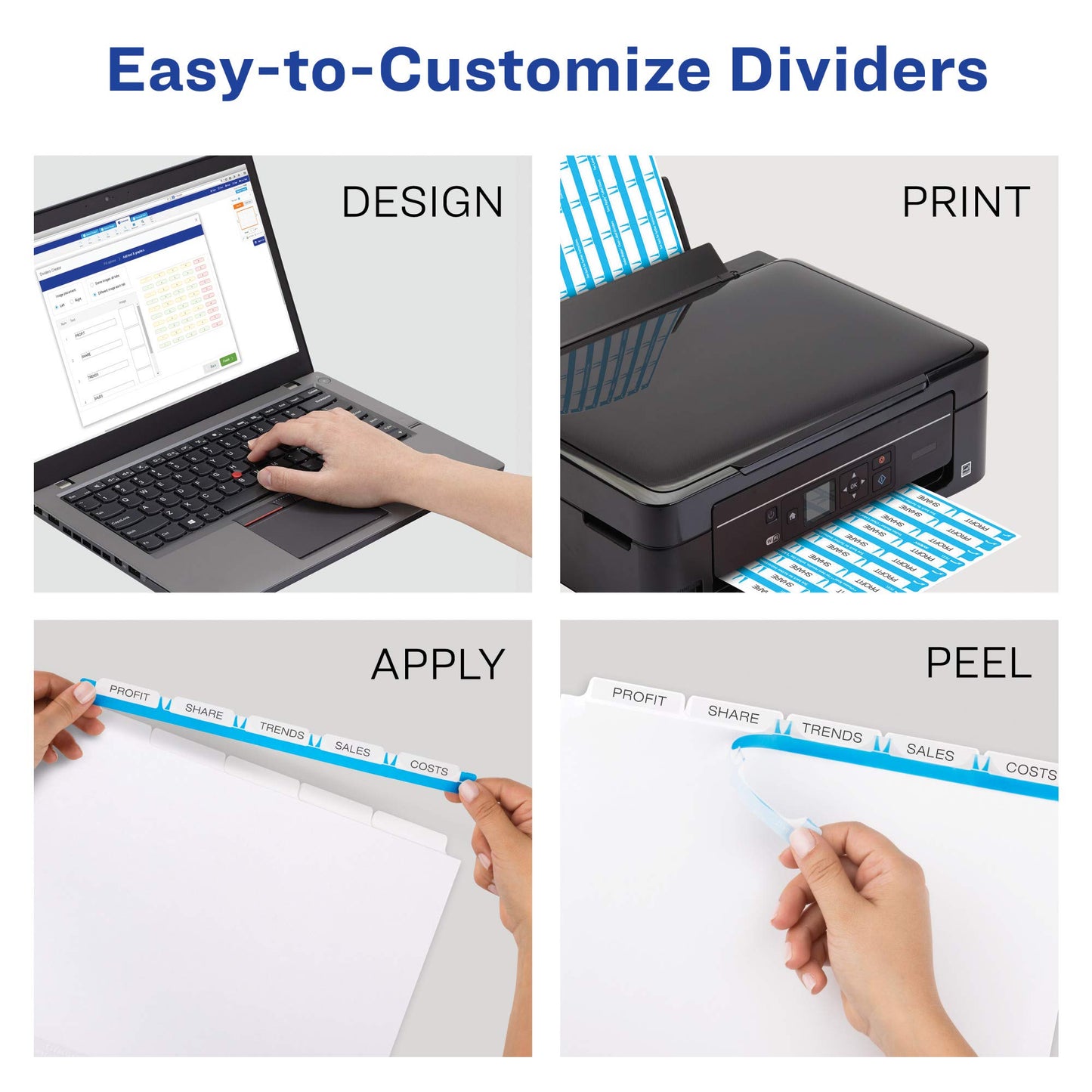 Avery 5 Tab Plastic Dividers for 3 Ring Binder, Easy Print & Apply Clear Label Strip, Index Maker Customizable Frosted White Tabs, 5 Sets (12449)