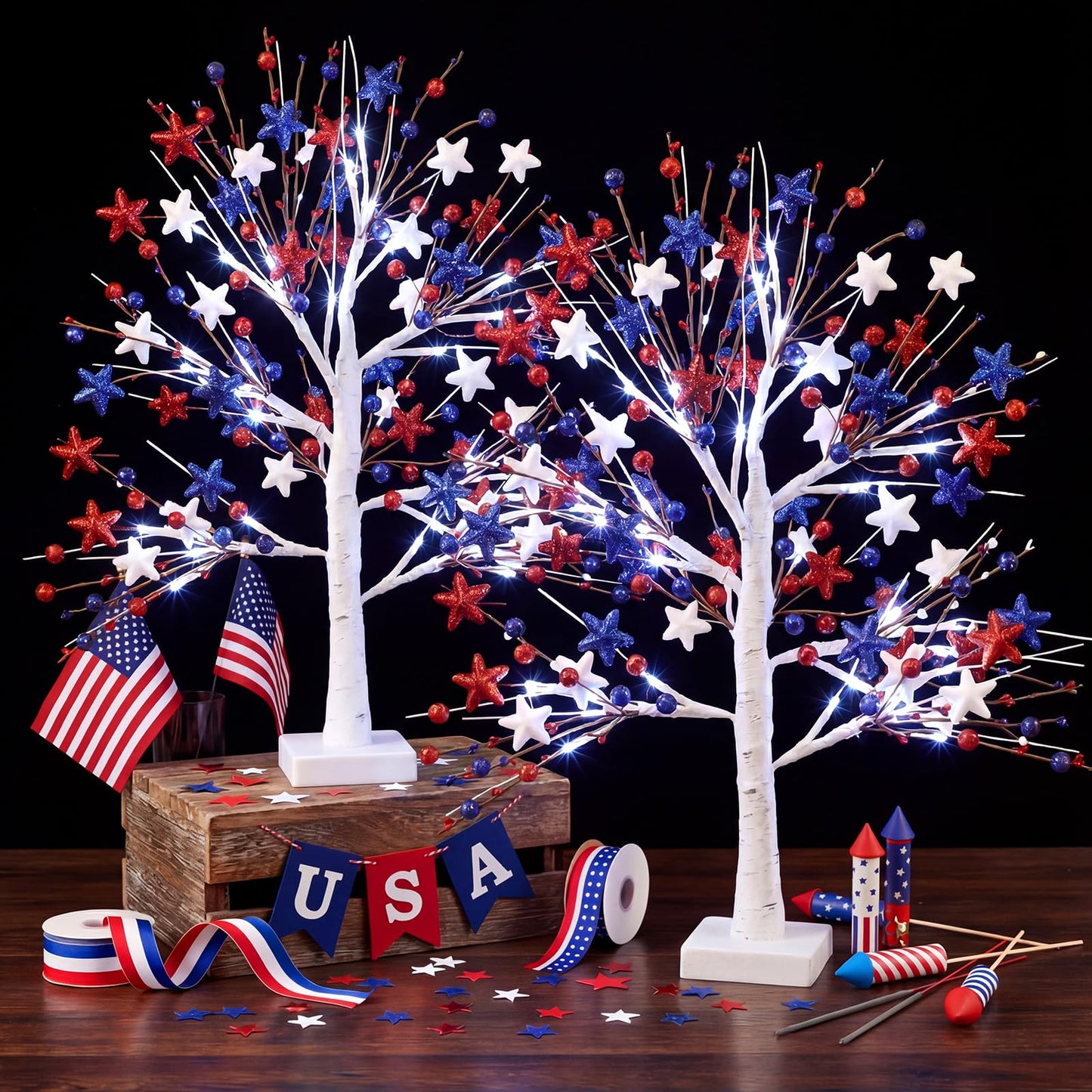 Baquler 2 Pcs 4th of July Decoration Lighted Patriotic Birch Trees with Red White Blue Star LED Battery Operated Artificial Tabletop Tree 24 Inch Memory Day Centerpieces for Home Indoor Table