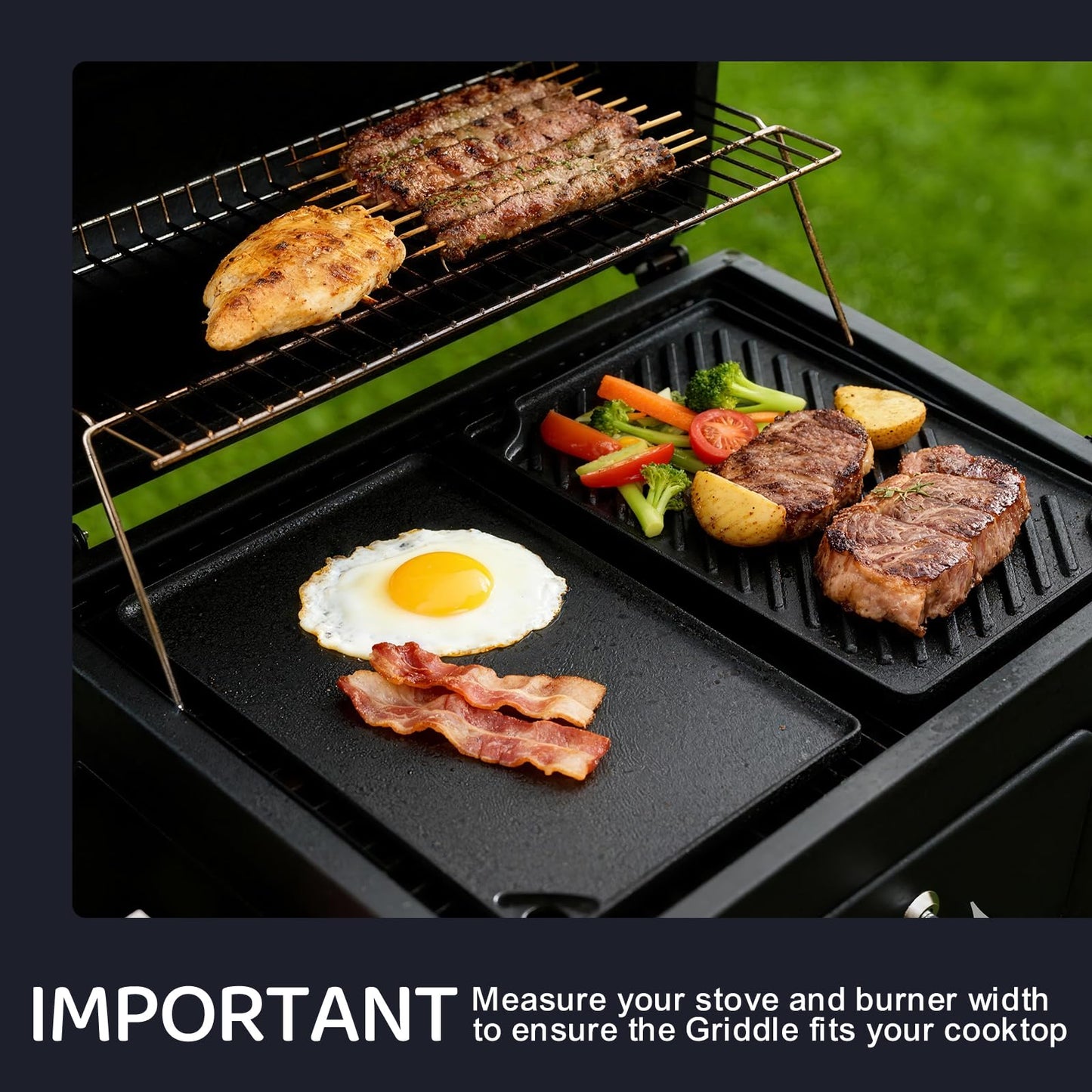 EWFEN Reversible Grill/Griddle, 16.7x9.5'' Pre-Seasoned Cast Iron Griddle Pan, Double Burner Cookware, Rectangular Non-Stick Stovetop Griddle with Handles, Flat Top Plate for Oven, Grill & Campfire