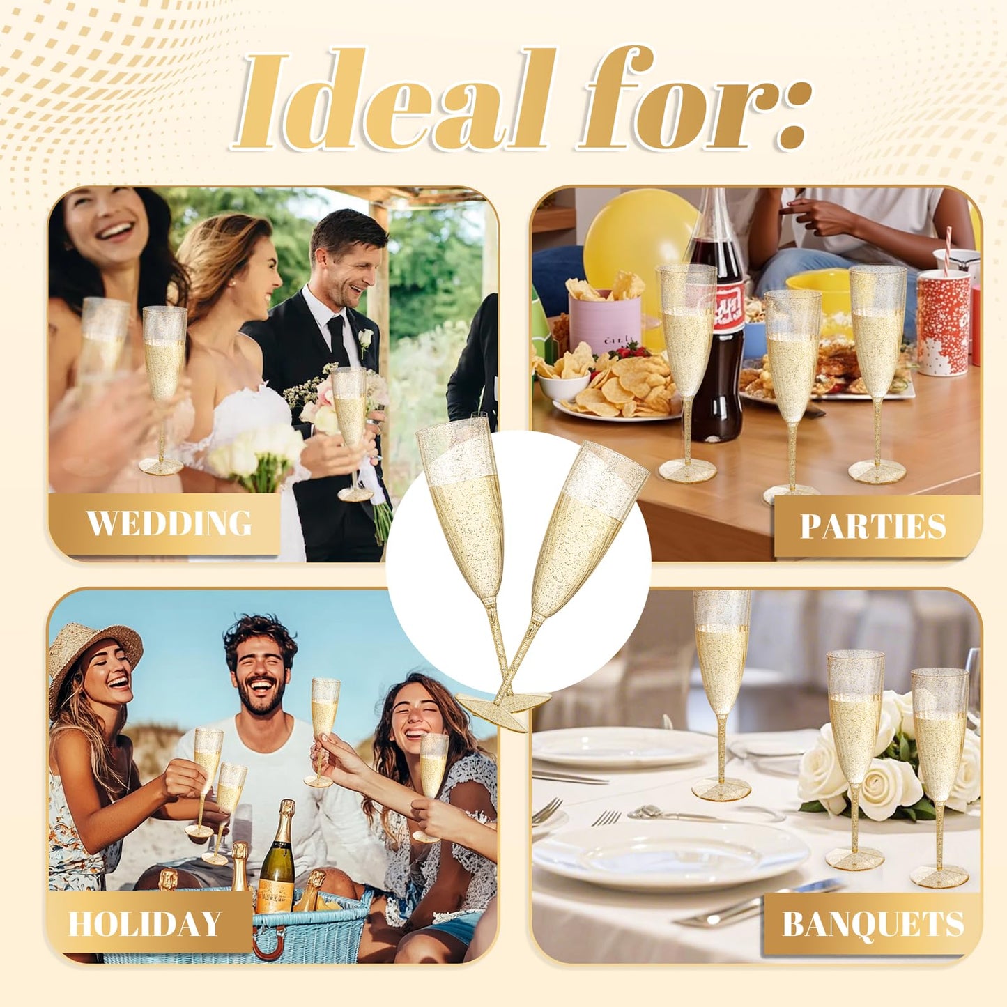 WDF 36-Pack Plastic Champagne Flutes - Gold Glitter Champagne Glasses Disposable - Perfect for Wedding/Birthday/Bridal Shower/Baby Shower/Graduation