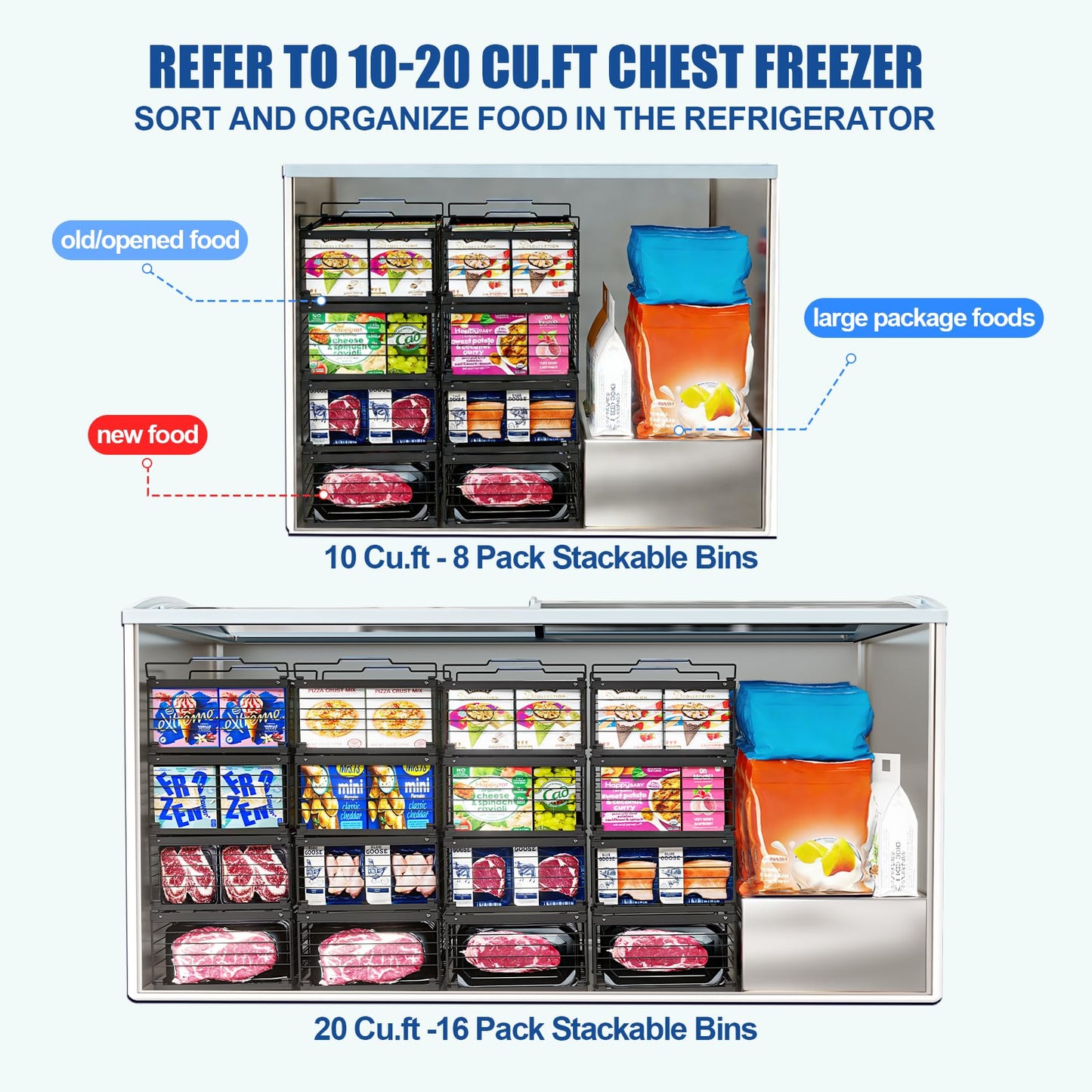 2Pcs Freezer Organizer Bins,11 to 17 inchs Large Scalable Stackable Freezer Storage Containers,Deep Freezer Organizer Bins Effectively Classify Food,Foldable Side Handles for Extra Storage Space