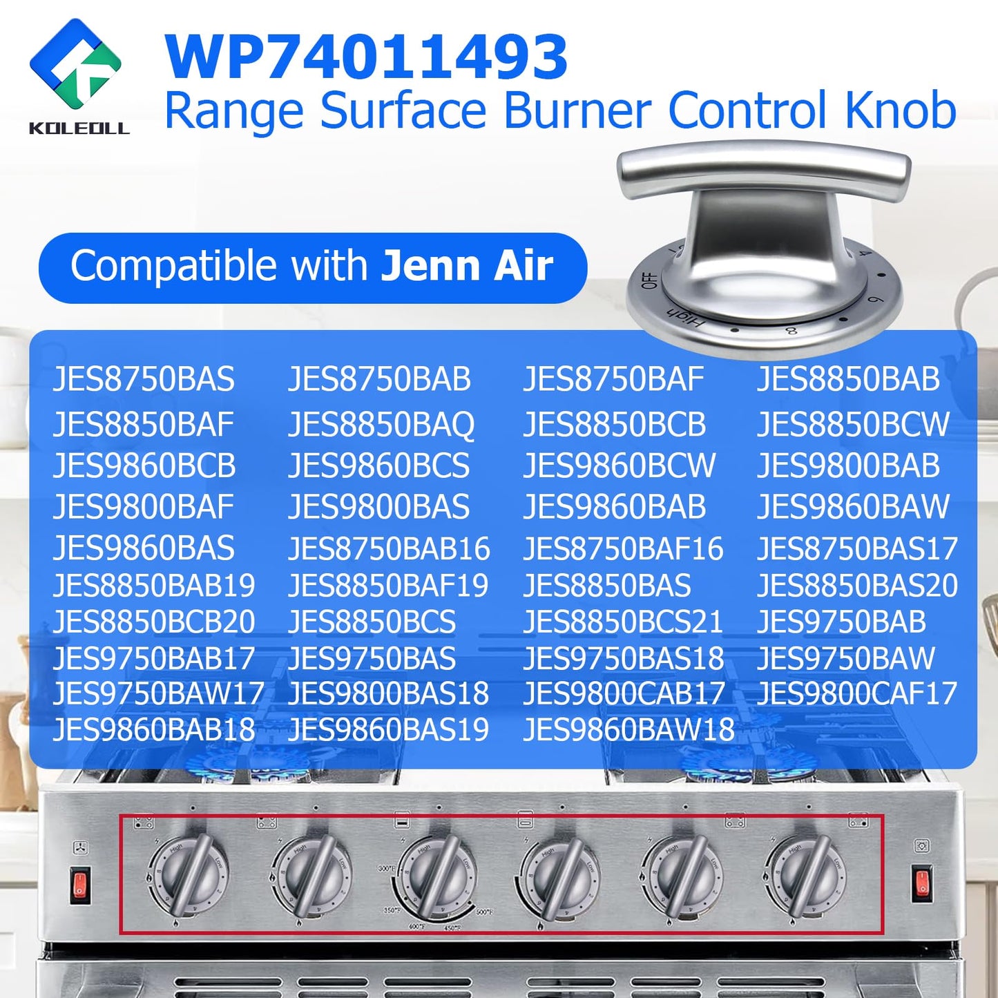 KOLEOLL 2pc WP74011493 Range Surface Burner Control Knob Compatible with Jenn Air Electric Slide-in Range Replaces 1189038 AP6011254 PS11744450 EAP11744450