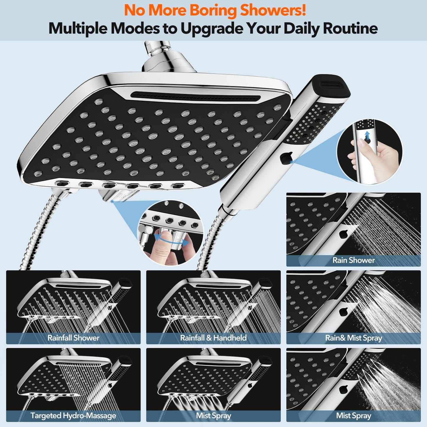 High Pressure Rain Shower Head, 7 Spray Modes Rain Shower Heads with Handheld Spray Combo, Dual Showerhead with 10 Inch Rainfall Spray, Detachable Hand Held Shower, Stainless Steel Hose, Power Wash