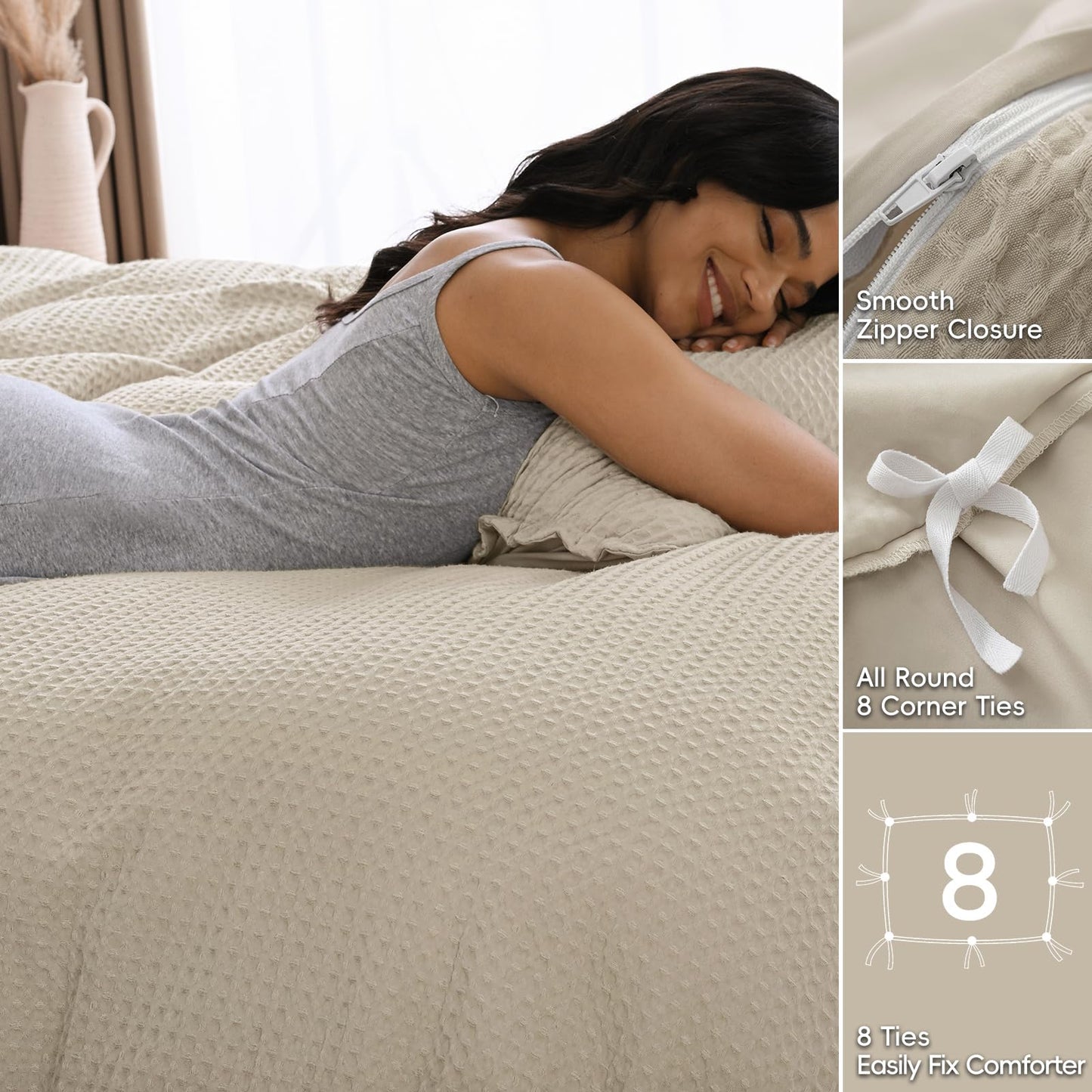 David's Home Waffle Weave Duvet Cover Set King Size,Soft Breathable 3pcs Comforter Cover Set with 2 Pillowcases,Textured Home Decor Bedding Set Cozy for All Seasons, Nature 104"×90",No Comforter