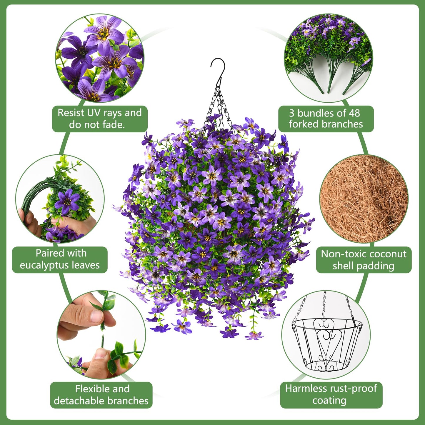 Artificial Faux Hanging Flowers Plants Baskets for Outdoors Fake 3 Bundles Silk in Planter UV Resistant for Porch Patio Balcony Garden Yard Home Decor (3Pcs Purple,1Pcs Hanging Basket)