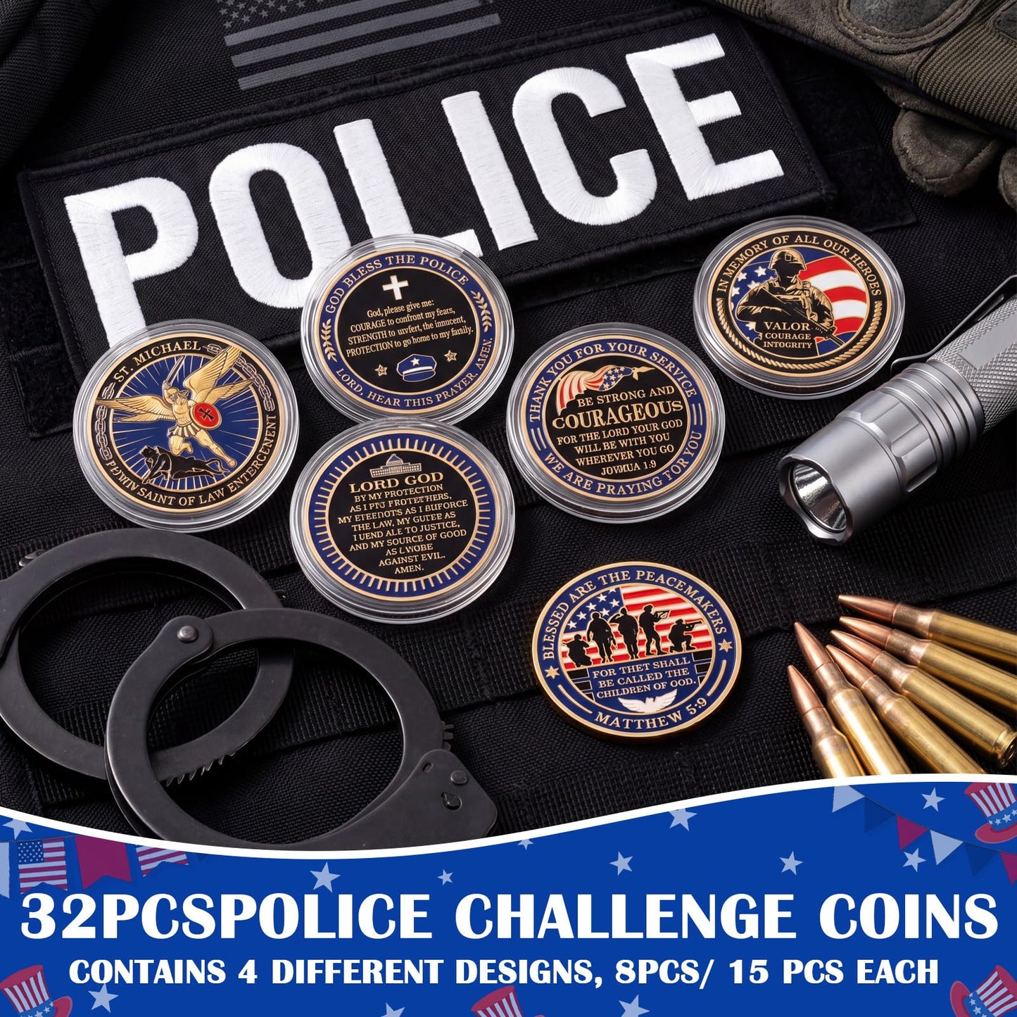 Equsion 32 Pcs Police Challenge Coins Thank You for Your Service Police Gifts Patriotic Collectibles Commemorative Coins for Men Women Veterans Day Independence Favors(Classics)