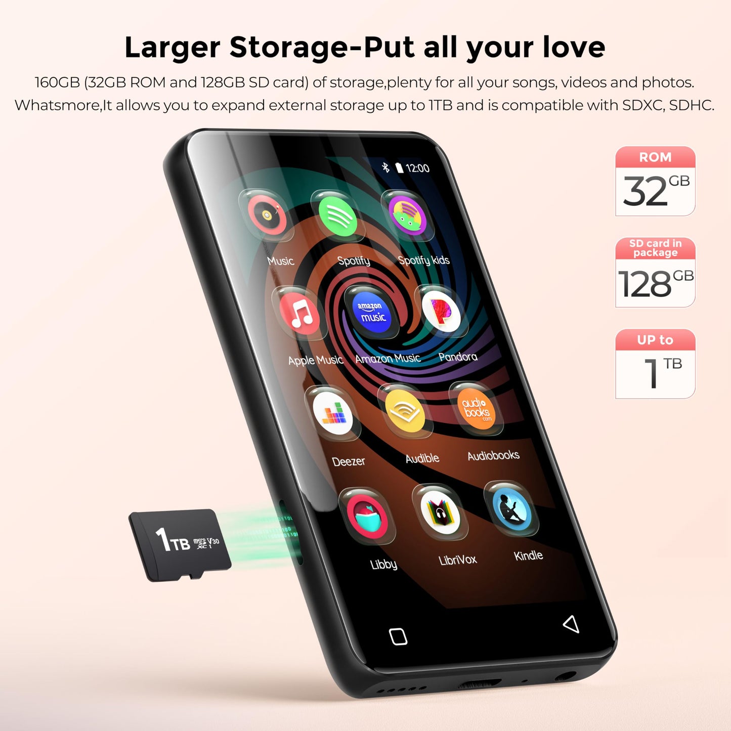 160GB MP3 Player with Bluetooth and WiFi, innioasis Music Player with Spotify,Pandora,Amazon Music,4" Touch Screen Android MP4 MP3 Player for Kids with Libby,Audible,Spotify Kids(Black)