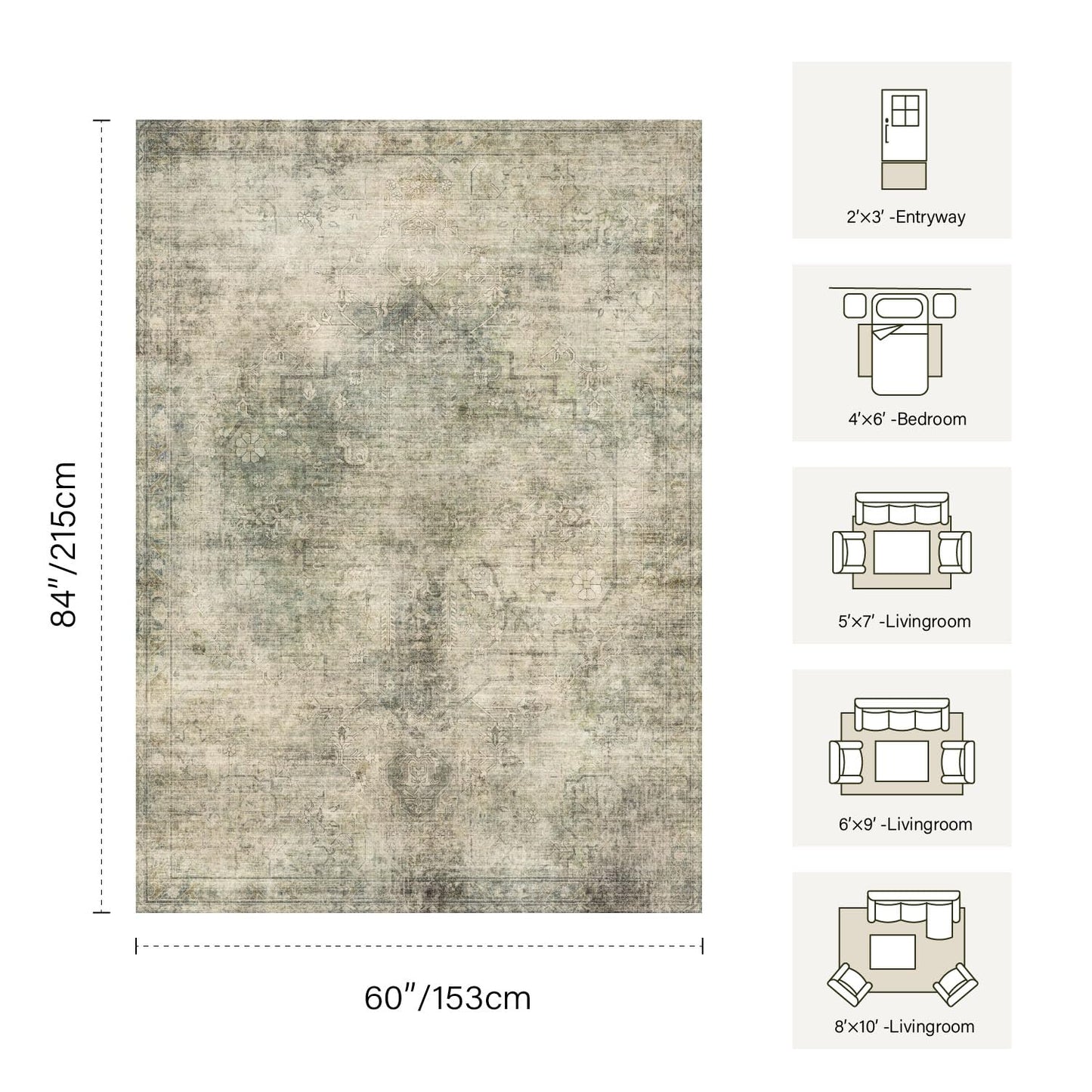OHWPEAT Green Area Rugs for Living Room, 6x9 Washable Rugs for Bedroom, Dining Room, Kitchen, Boho Indoor Soft Large Rug for Classroom, Playroom, Non Slip Low Pile Distressed Carpets for Dorm Office