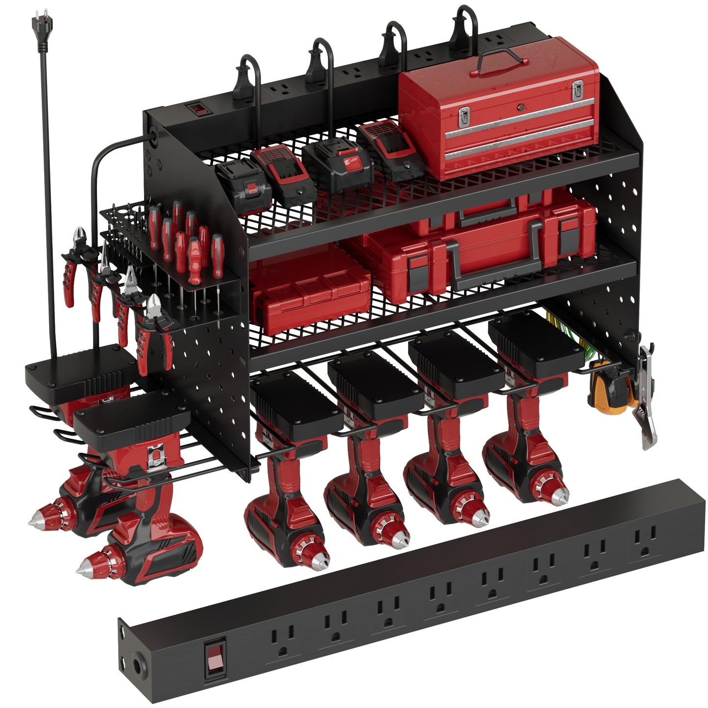 VDEVY Power Tool Organizer Wall Mount with Charging Station, 8 Outlet Heavy Duty Metal Garage Tool Storage Rack, 23 Inch 3 Tier Shelves for Workshop & Garage Organization
