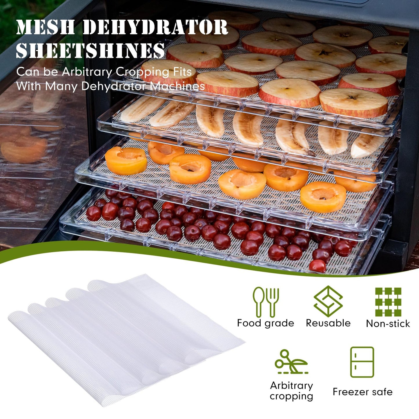 Thenshop 8 Silicone Dehydrator Mats & 10 Mesh Dryer Mats and 1 Baking Scraper, Reusable Non Stick Silicone Dehydrator Tray with Edge for Baking Fruits Meat Vegetables(Green)