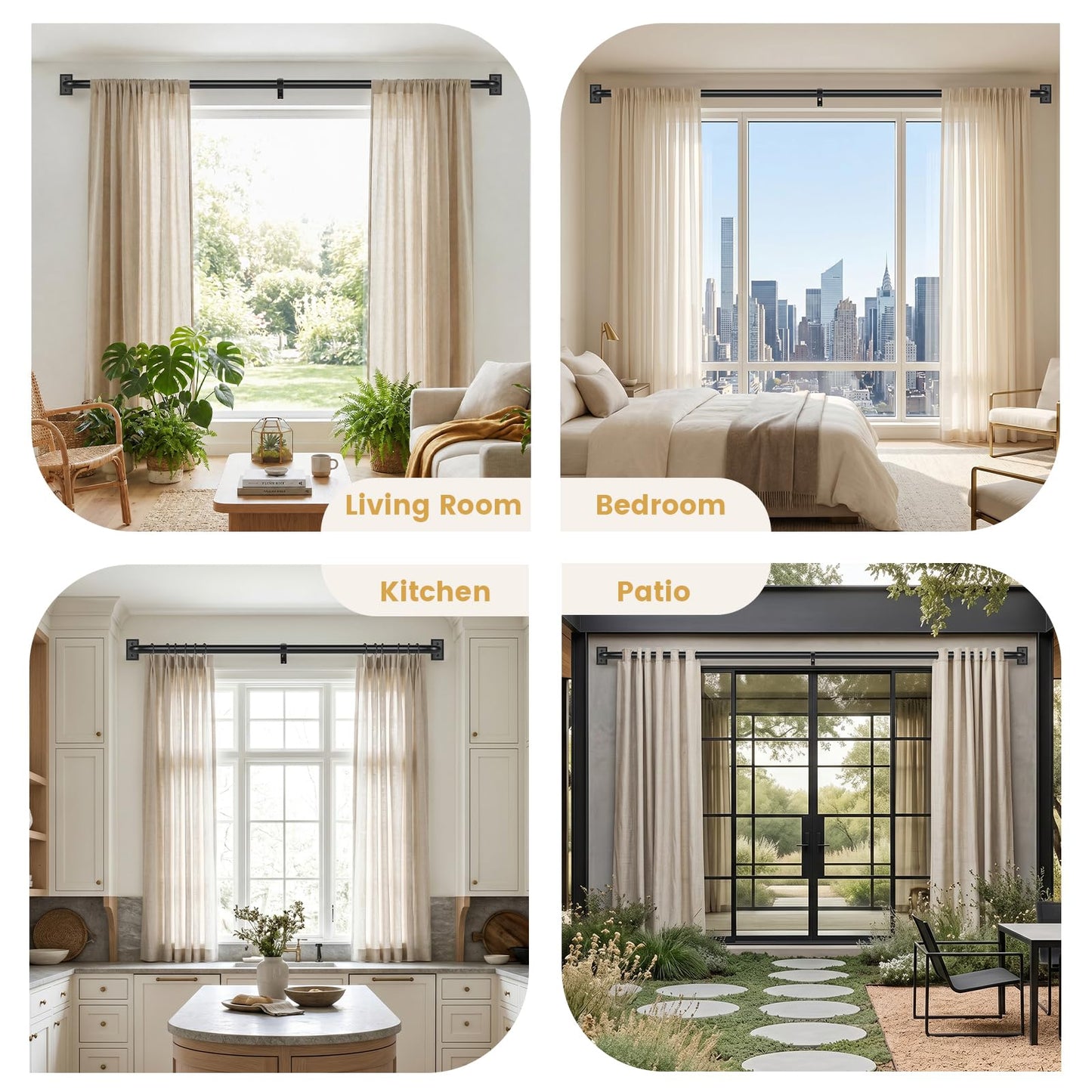 TANGWIN Black Wrap Around Curtain Rods 72 to 144:Blackout Heavy Duty Adjustable Long Window Curtain Rod Room Darkening Modern Industrial Curved French Return Metal Drapery Rod Easy Install Matte Black