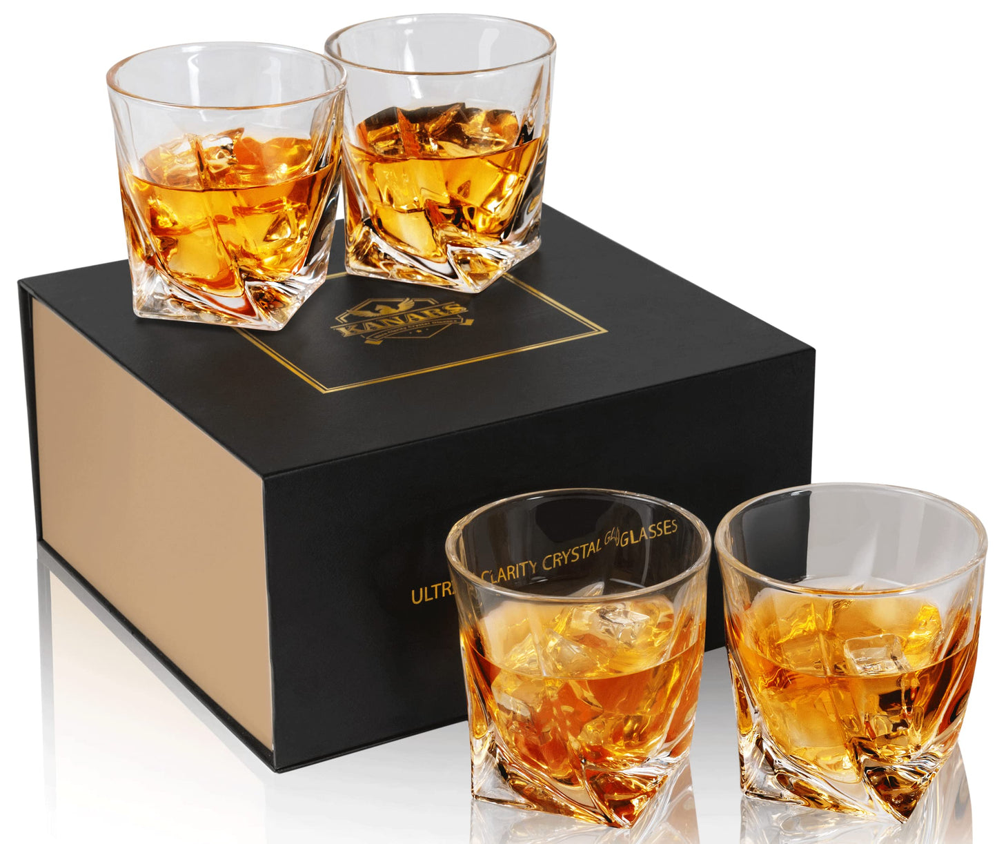 KANARS Whiskey Glasses Set of 4, 10 Oz Crystal Old Fashioned Cocktail Glass in Gift Box, Twisted Lowball Bourbon Tumbler for Scotch Whisky Cognac, Rock Barware for Men Gift Christmas