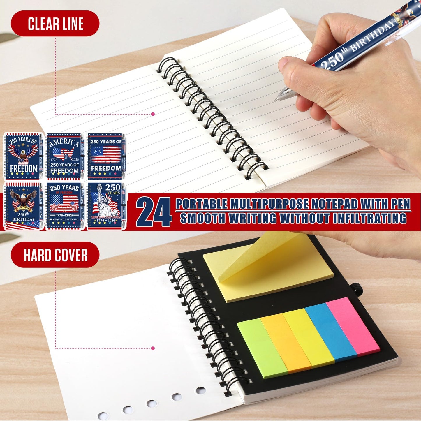24 Sets/ 48 Pcs 250th Anniversary Spiral Notepads Bulk 4th of July Souvenir Notebooks and Ballpoint Pens Patriotic USA Gifts for 250 Anniversary USA Independence Memorial Day Office Party Supplies