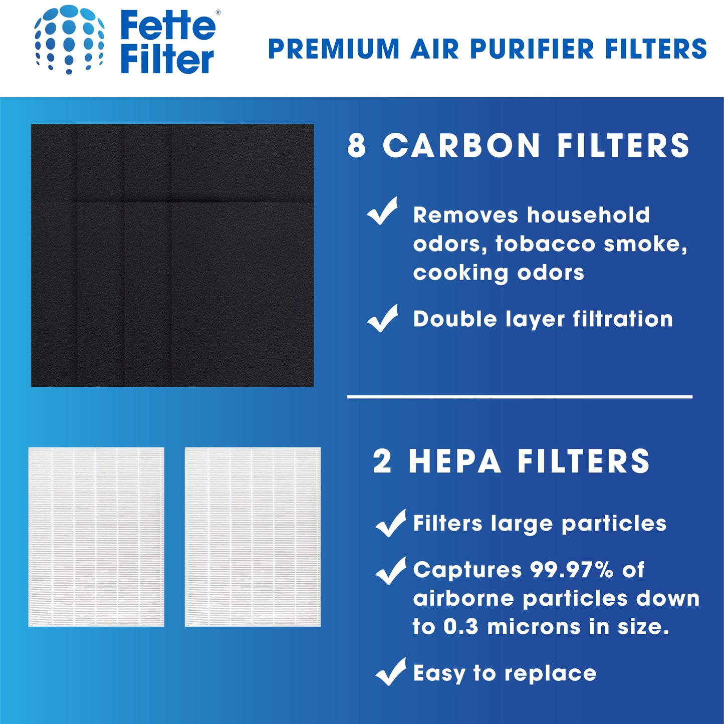 Fette Filter - 2 Filter + 8 Carbon Filter 115115 Premium HEPA H13 Filter Compatible with Winix Filter A 115115 Size 21 Plasma Wave Air Purifier AM90 P300 5300 5500 5300-2 6300-2 6300 C909 9800 C535.