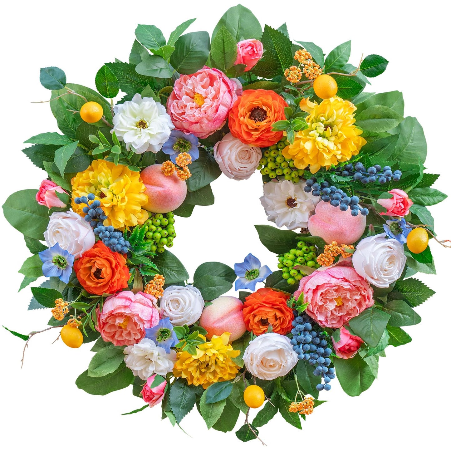 Pinkpuii Spring Wreaths for Front Door 24 Inch Vibrant Spring Summer Wreath with Peonies,Roses,Marigolds,Blueberries & Realistic Fruit Accents (Peach, Lemon)- Ideal for Porch,Entryway,Wall,Window