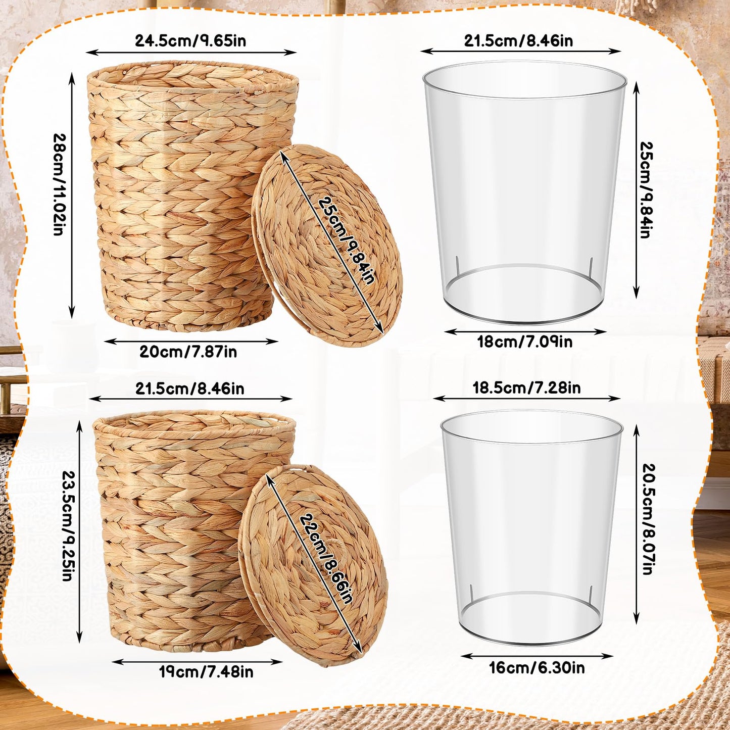 Ovveroche 2 Pcs Wicker Trash Can with Lid and Liner, 2.7 Gallon and 1.88 Gallon Wastebasket Garbage Can Boho Storage Basket for Bathroom Bedroom Home Office Kitchen