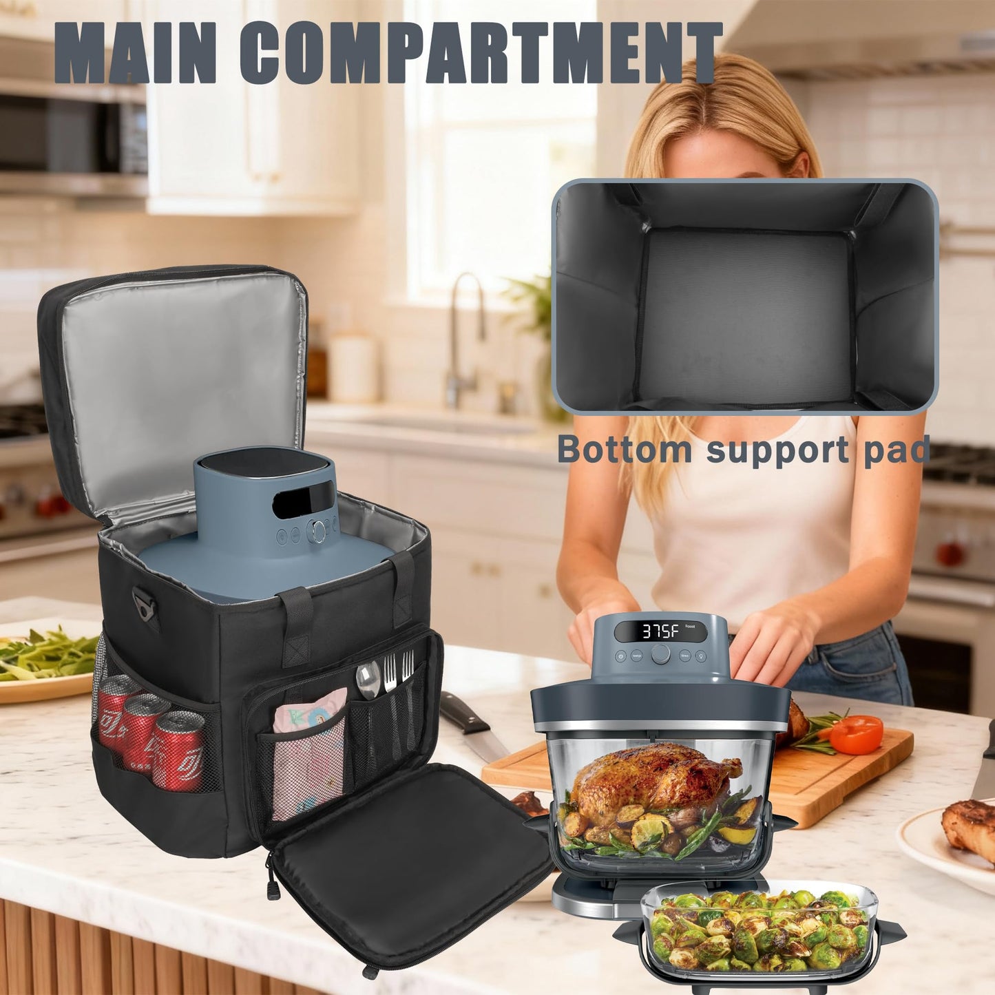 FURIMETY Air Fryer Carrying Bag Compatible with Ninja Crispi Pro 6-in-1 Glass Air Fryer, Double Layer Insulated Storage Bag for Ninja Crispi 6qt & 2.5qt Glass Containers, Quilted Black