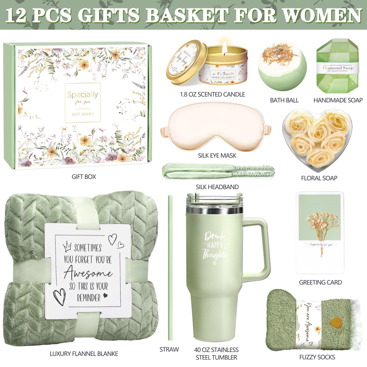 Birthday Gifts for Women Self Care Get Well Soon Gifts, Vanilla Relaxing Spa Gift Basket - Happy Birthday Set w/ Luxury Flannel Blanket & 40 oz Tumbler, Unique Christmas Gift for Mom Her Wife Sister