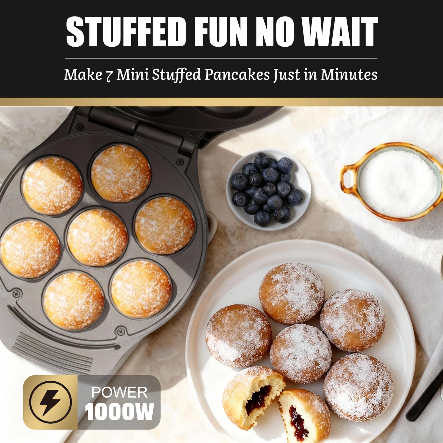 FineMade Mini Stuffed Pancakes Maker, Electric Ebleskiver Poffertjes Maker Pan, Danish Pancakes Maker, Cake Pop Maker, Bake 7x 2'' Ebelskivers without any Flipping operation