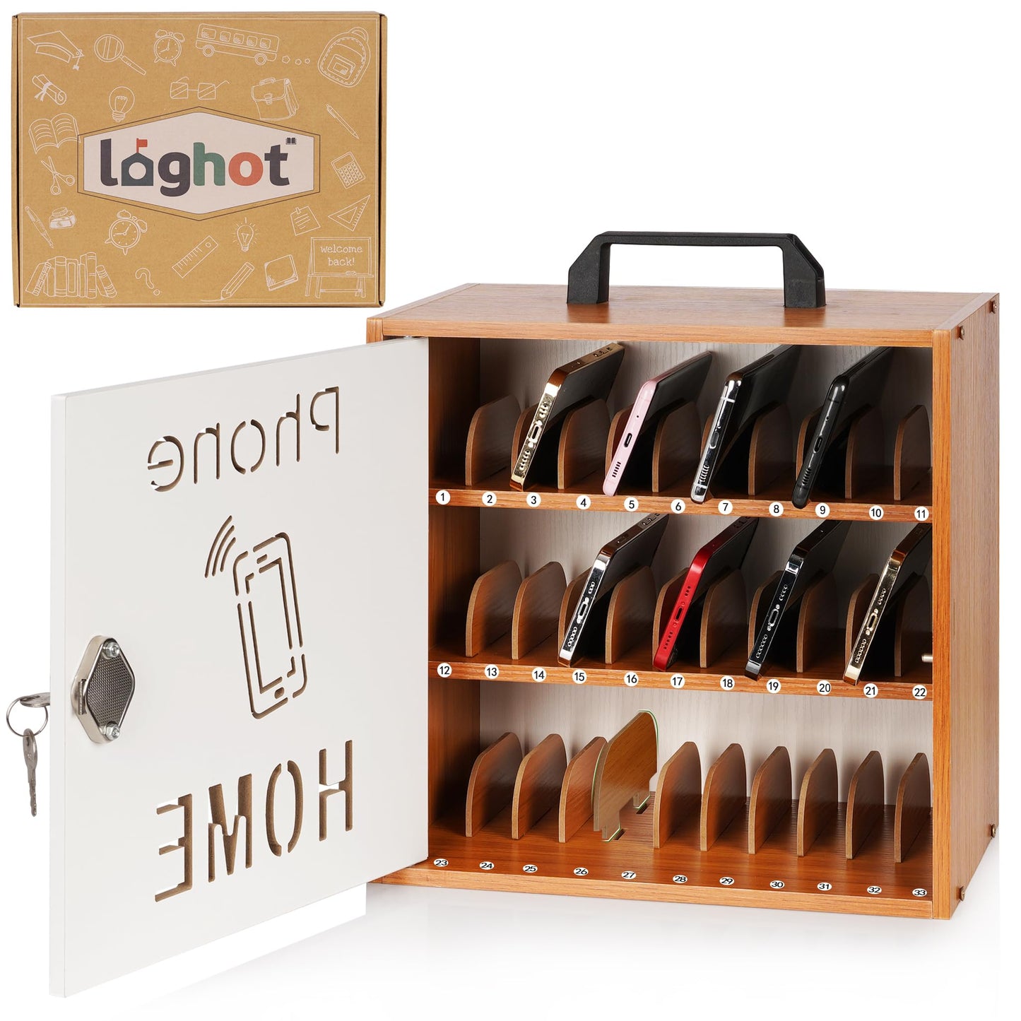 Loghot Wooden Cell Phone Storage Cabinet, Adjustable Dividers Cell Phone Locker with Security Lock & Handle, Desktop Phone Organizer for Classroom, Office & Repair Shops (Cherry, 33 Slots)