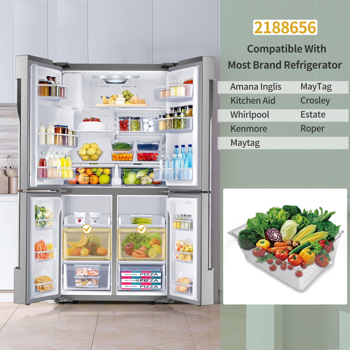 2188656 Fridge Crisper Drawer (Upper),2188656 Crisper Bin, compatible with Whirlpool Refrigerator,Fridge Drawers,Kenmore Refrigerator Parts,Whirlpool Shelf Replacement- WP2188656