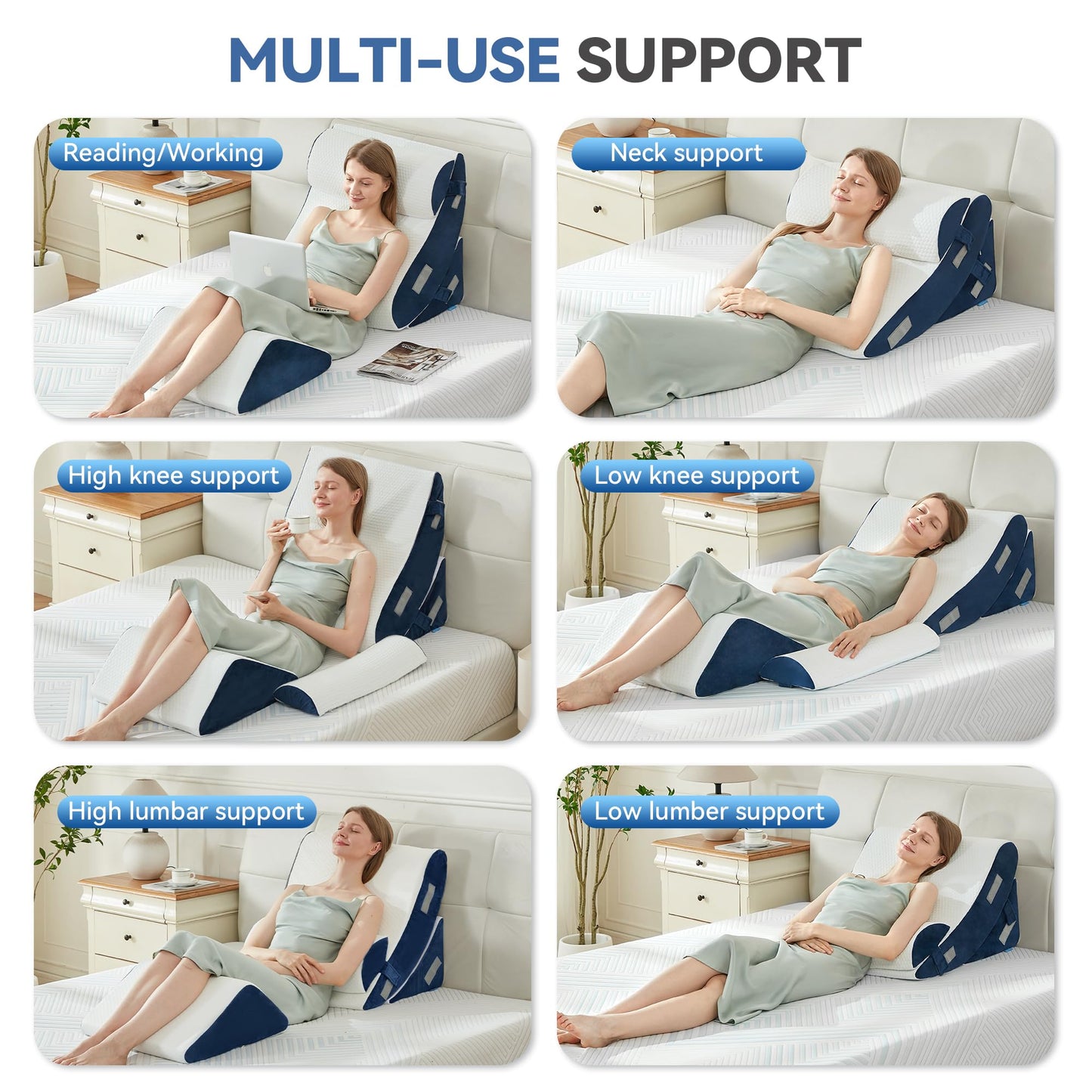 BDEUS 4PCS Bed Wedge Pillow Post Surgery, Orthopedic Sleeping Wedge Pillow Set for Back, Neck and Leg Pain Relief, Acid Reflux, GERD, Memory Foam Support Pillows for After Surgery, Navy