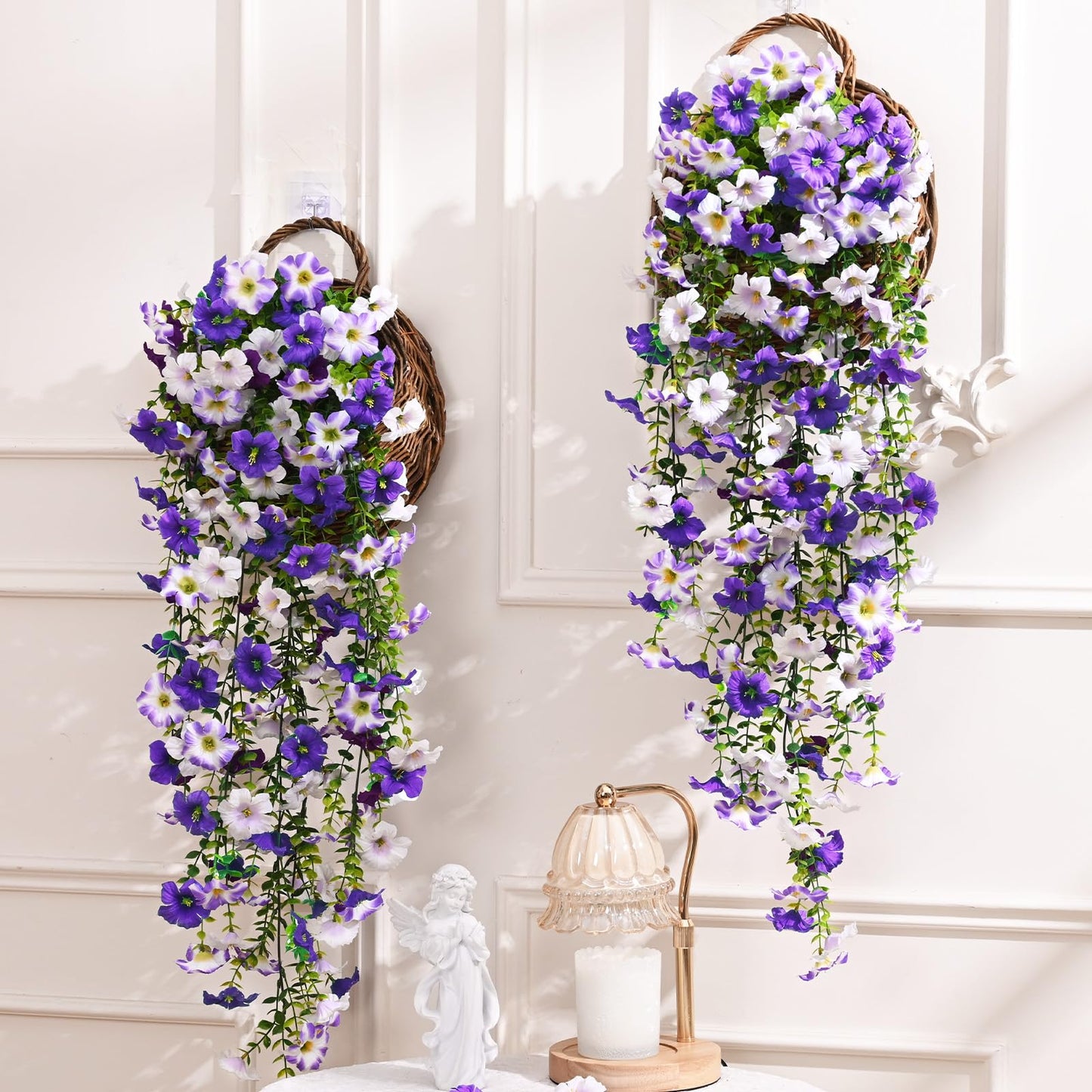 Waipfaru Artificial Petunias Flowers for Outdoors, 2 Pcs UV Resistant Fake Hanging Plants Spring Outside Decor, Faux Silk Flowers Long Trailing Vines for Outdoor Planters Porch Garden (Purple White)