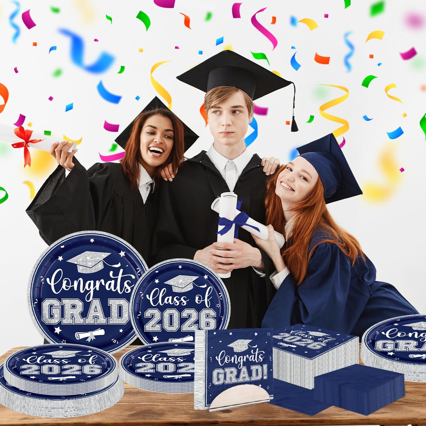 Navy and Silver Graduation Decorations 2026,Navy Blue Graduation Decorations Plates and Napkins 2026,200pcs Class Of 2026 Party Decorations Tableware for Graduation Party Supplies,Serve 50