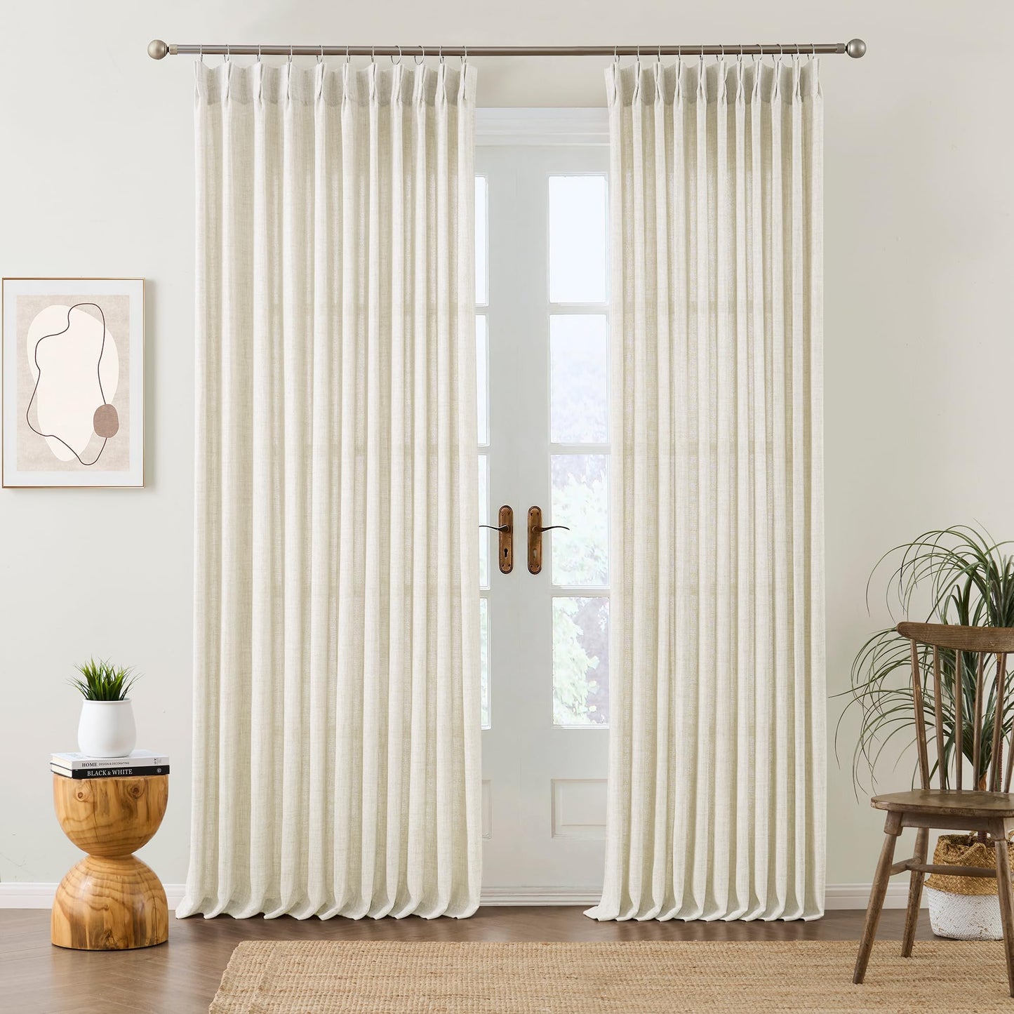 105 Inch Curtains Drapes Pinch Pleated Memory Trained Back Tab Light Filtering Semi Sheer Linen Textured Curtain for Bedroom Living Room with Hooks Window Panels 105 Inches Long 50 Inch Wide