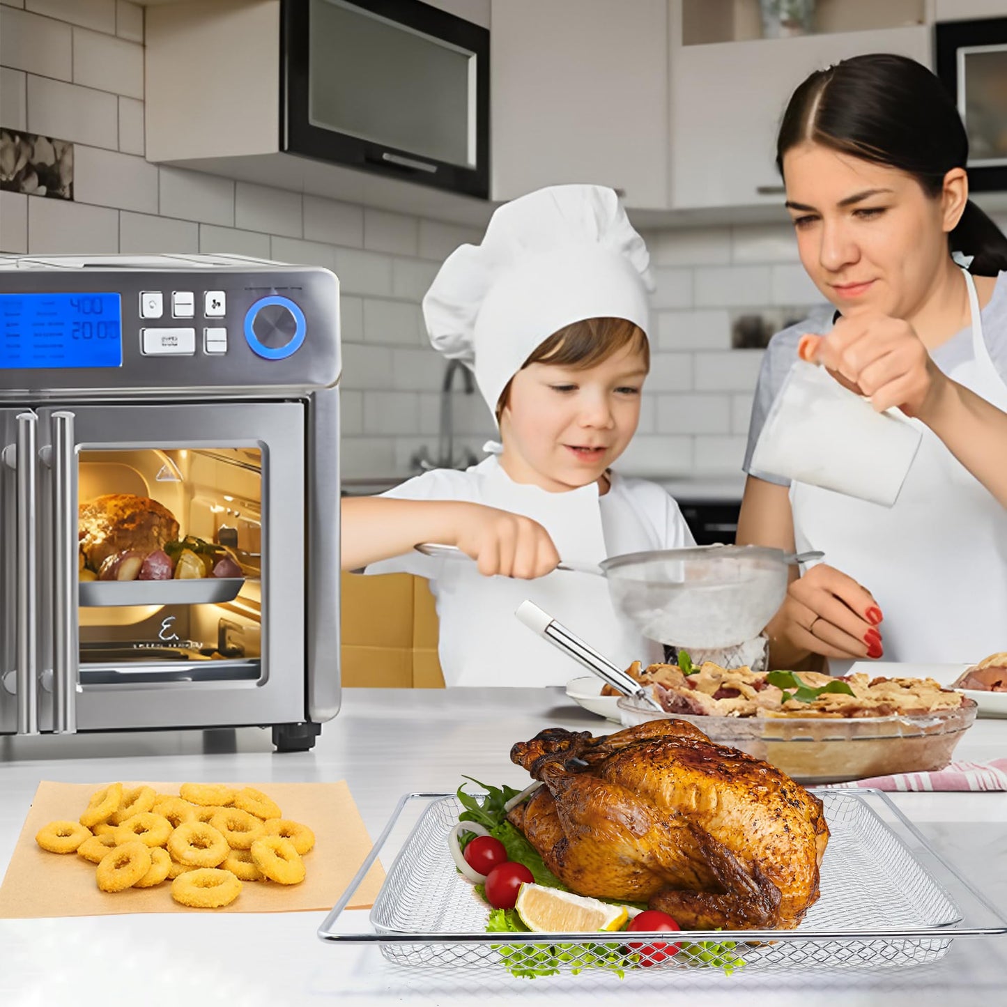 Air Fryer Accessories for Emeril Lagasse Dual Zone 25QT, Emeril Lagasse Air Fryer Basket for Oven with 100 Pcs Disposable Parchment Paper Sheets, 4 Pcs Reusable Teflon Mat