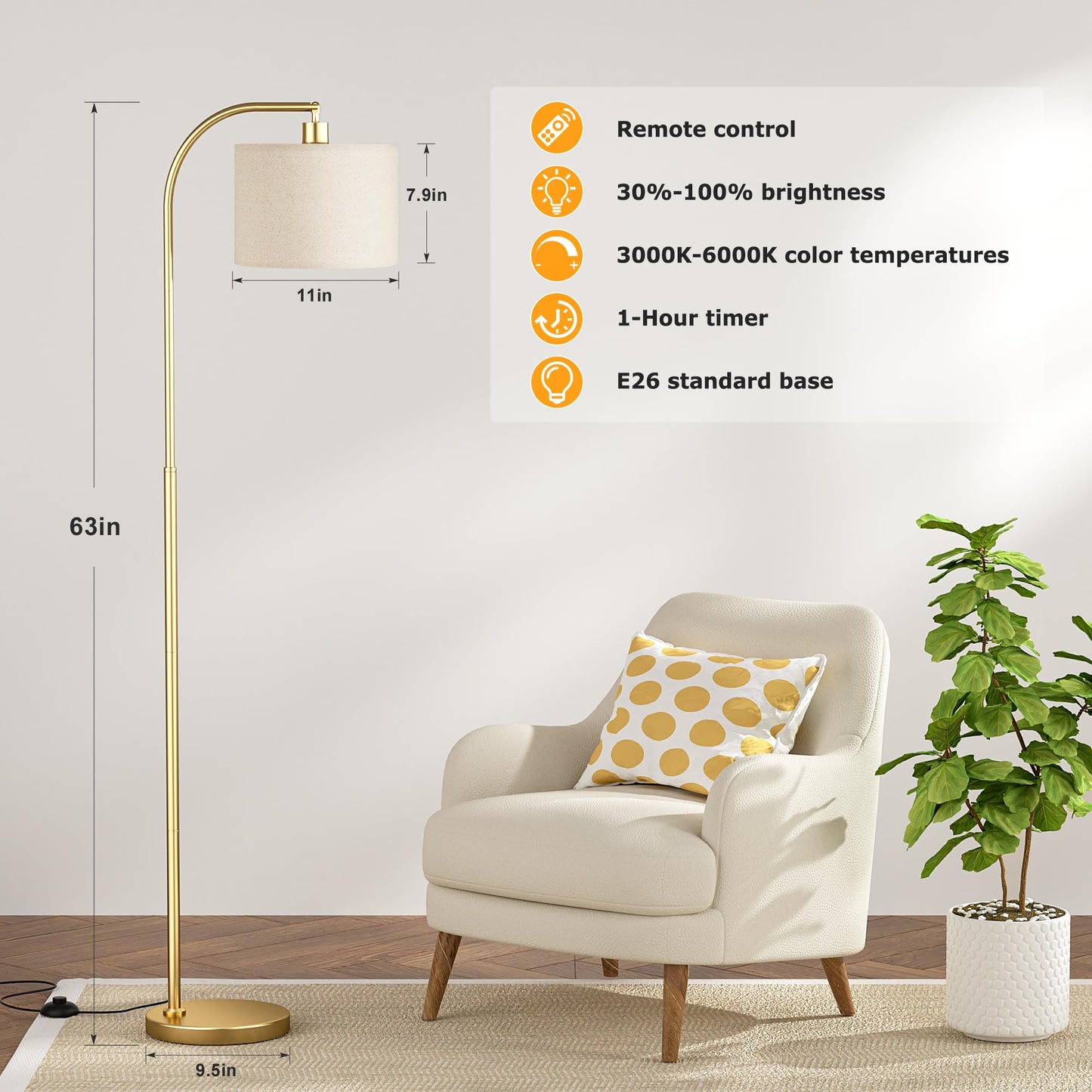 Ambimall Arc Floor Lamp with Remote and Stepless Dimmable Bulb, Colors Temperature & Brightness Adjustable, Gold Floor Lamps for Living Room（Deep Beige Shade & Gold Pole）