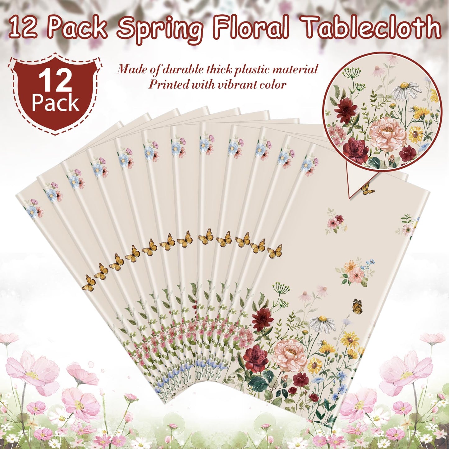 12 Pcs Spring Floral Tablecloth, Butterfly Wildflower Plastic Disposable Tablecloth Rectangle Table Covers for Easter, Birthday, Wedding, Mothers Day Tea Party Supplies and Decorations,54 x 108 Inch