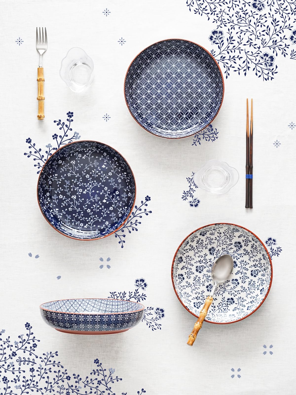 LE TAUCI Pasta Bowl 32 oz, Ceramic Salad Bowl, Japanese-Style Plate Bowls for Serving Pasta, Fruits, Salad, Noodle, Dinner, Soup, Mircrowave Oven Dishwasher Safe - 8.2 Inch, Set of 4, Vintage Blue