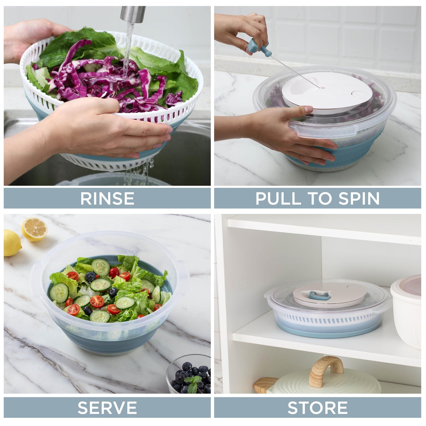COOK WITH COLOR Collapsible Salad Spinner - 4 QT Space Saving Lettuce Dryer with Folding Collapsible Colander Great for Washing and Drying Fruit and Vegetables (Blue)