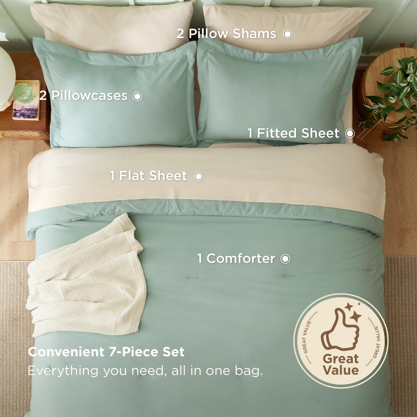 Bedsure Queen Comforter Set - 7 Pieces Sage Green Queen Bedding Set for All Seasons, Boho Contrasting Design Bed in a Bag with Comforter, Sheets, Pillowcases & Shams