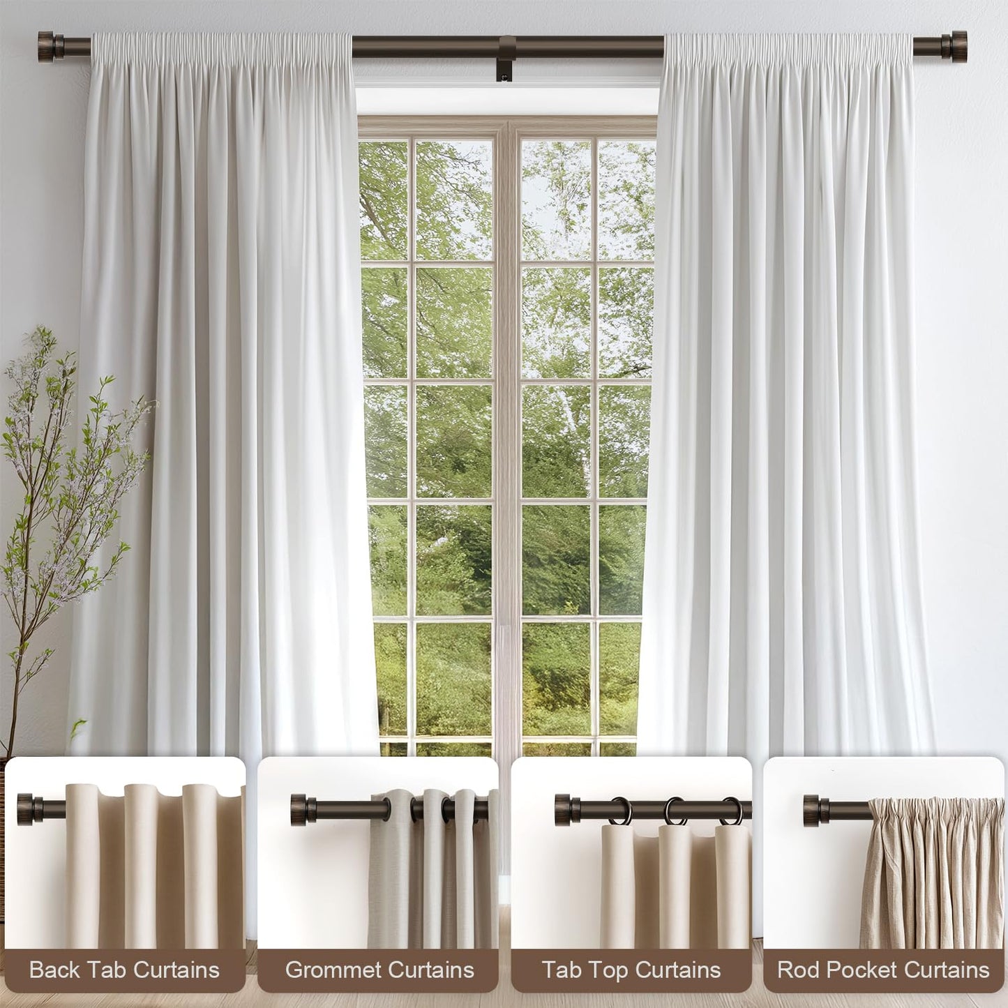 Lootkell Modern Antique Brown Bronze Curtain Rods for Windows 66 to 120 Inches Adjustable Heavy Duty 1" Diameter Window Rod with Decorative Finials for Outdoor Farmhouse Bedroom Kitchen Living Room