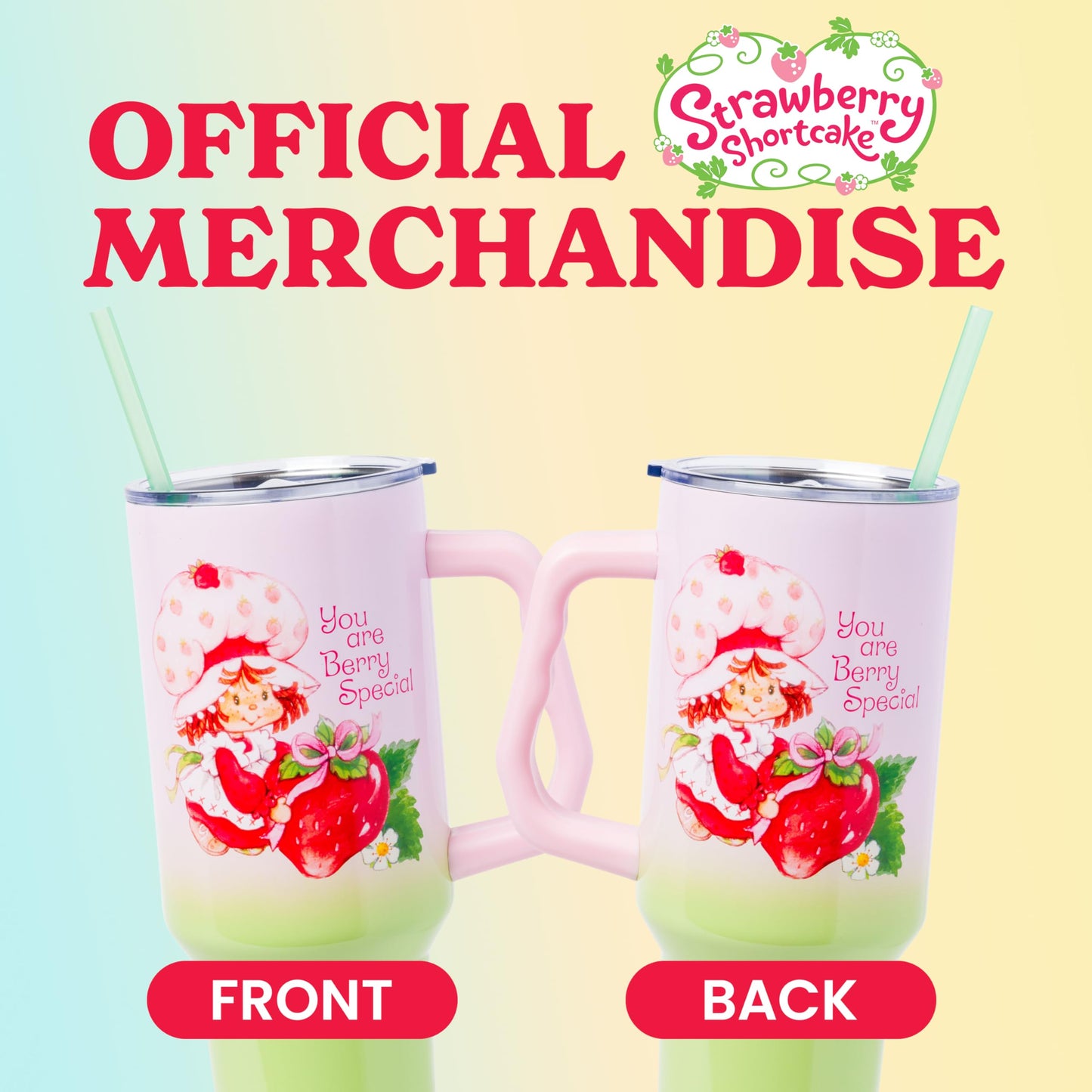 Silver Buffalo Strawberry Shortcake You Are Berry Special Vintage Pink and Green Ombre Double Walled Stainless Steel Tumbler with Handle and Straw, Fits in Standard Cup Holder, 40 Ounces