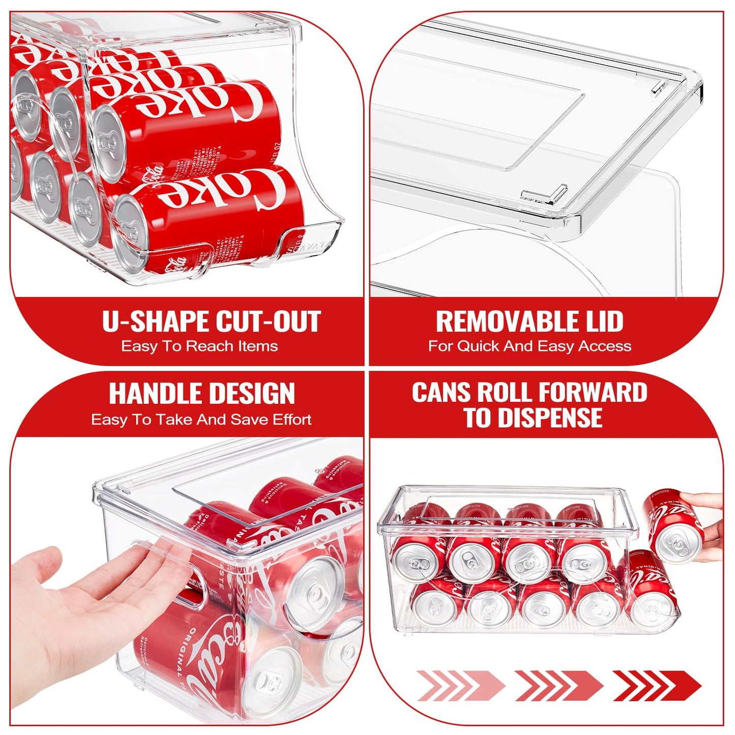 SCAVATA 2 Pack Stackable Refrigerator Organizer, Soda Can Dispenser Pop Cans Container Beverage Holder with Lid for Fridge, Freezer, Kitchen, Clear Plastic Storage Bins-Holds 10 Cans Each