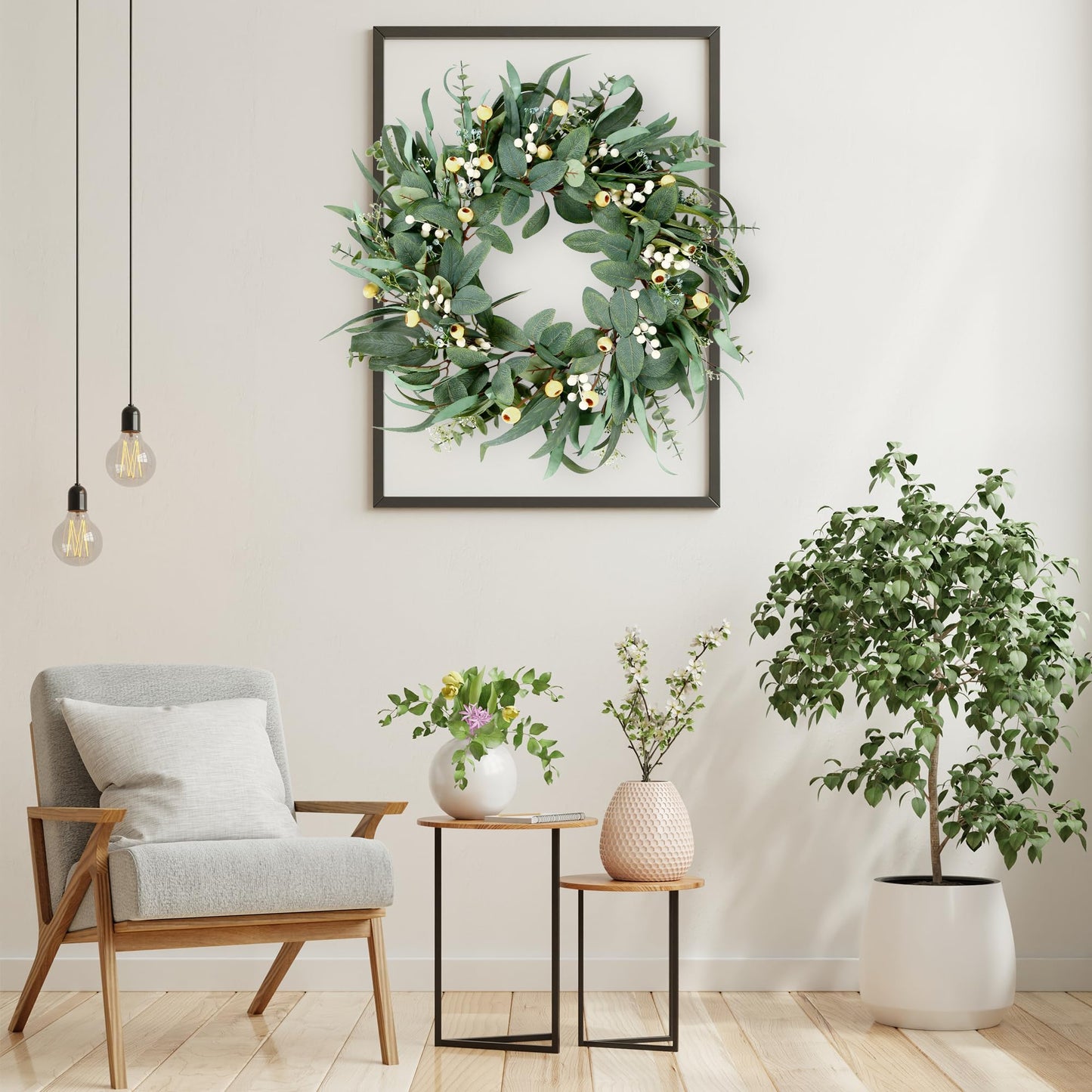 Sggvecsy Artificial Eucalyptus Wreath - 21 Inch Greenery Wreath with Green Leaves and Mixed White Berries for Spring/Summer Home Decor