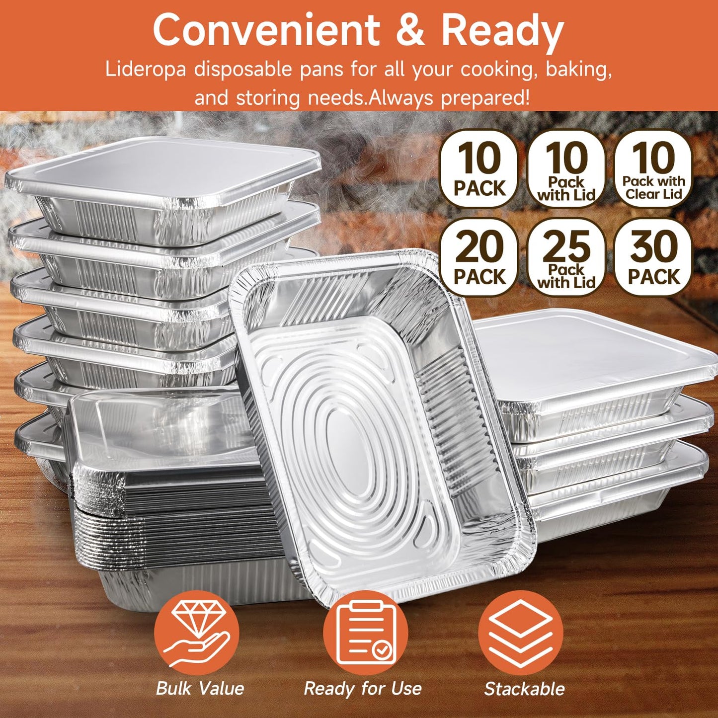 Lideropa 9x13 Aluminum Pans (30 Pack) – Disposable Half Size Aluminum Foil Pans for Cooking, Baking, Meal Prep, Parties & Food Storage